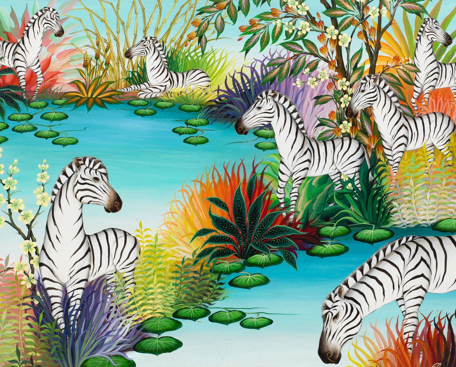 Large Painting of Zebras by Gustavo Novoa.: Artist(s): Gustavo Novoa (Chile, b. 1941) Medium: Acrylic on masonite. Signature(s): "G. Novoa", lower right, as well as an attributed plaque attached to the frame. Paperwork: N/A Damage: Surface stai