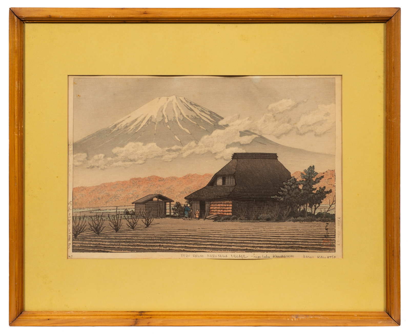 Mt. Fuji from Narusawa, Woodblock by Hasui Kawase.: Artist(s): Hasui Kawase (Japan, 1883-1957) "Mt. Fuji from Narusawa Village" Medium: Woodblock in colors. Signature(s): Signature and Watanabe seal, lower right. Title and artist's name written in penc
