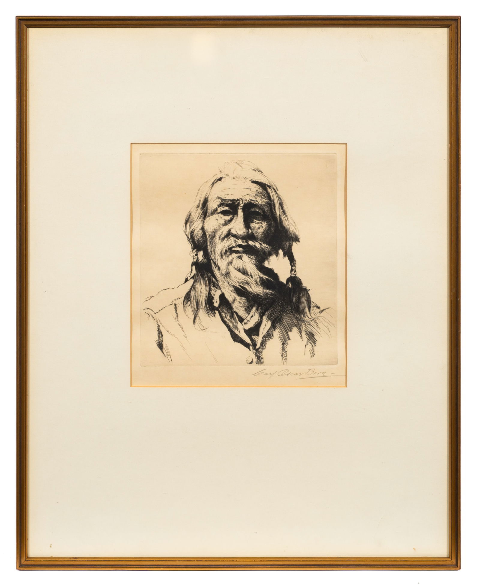 "Old Piute, Mancus Jim", Etching, Carl Oscar Borg.: Artist(s): Carl Oscar Borg (Swedish, American, 1879-1947) Medium: Drypoint etching. Signature(s): Pencil signed, lower right. Paperwork: N/A Damage: There are minor flecks of discoloration to the lowe