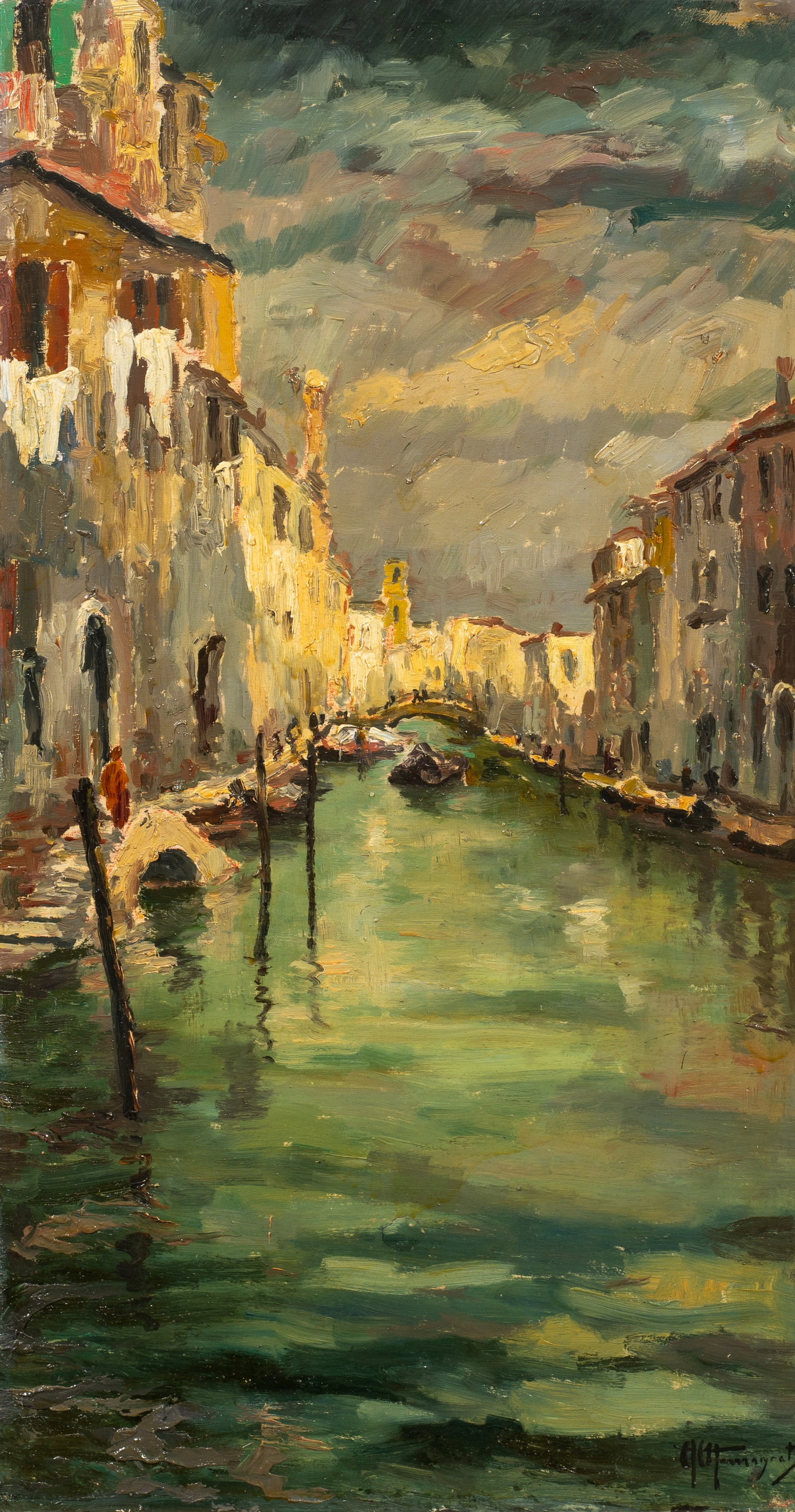 Impressionist Venetian Canal Painting, Signed.: Artist(s): Medium: Oil on board. Signature(s): Signed illegibly, lower right. Paperwork: N/A Damage: Darkened varnish and discoloration along left margin. Long crack to the board along the right margi