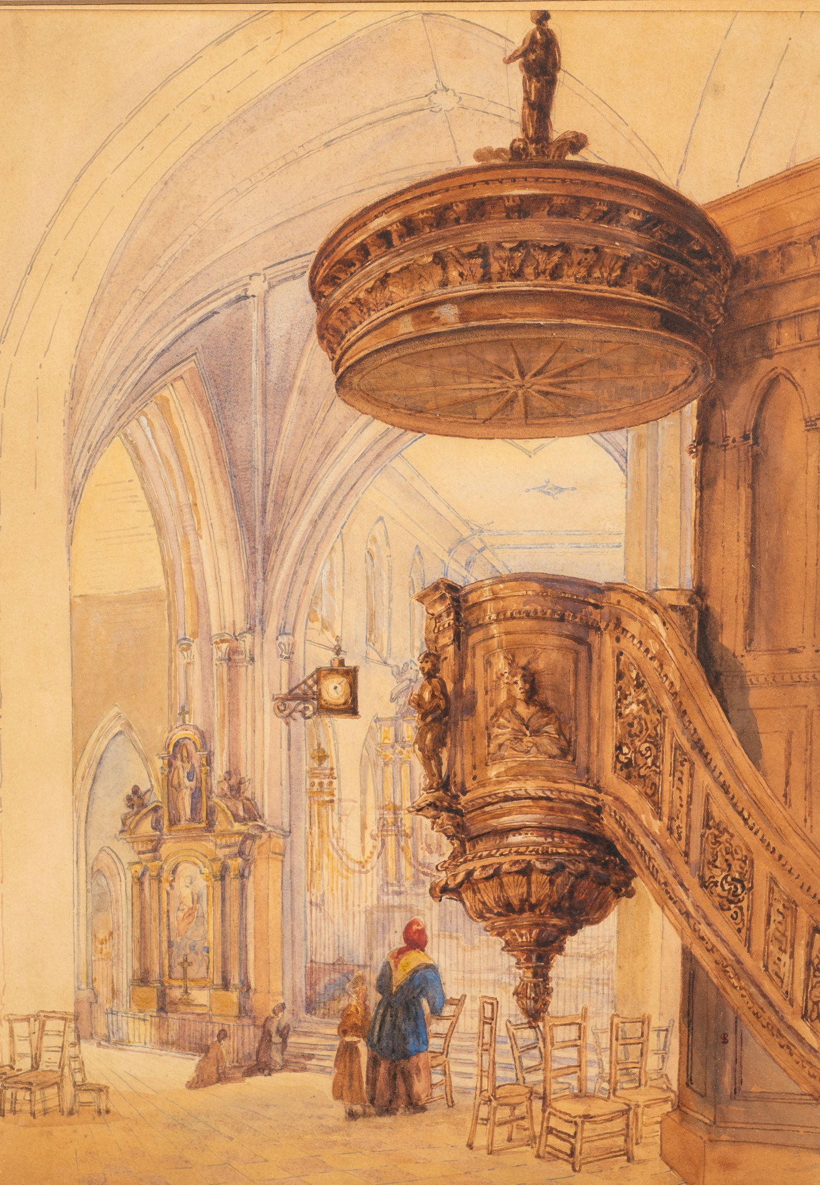 Watercolor of Cathedral Interior, Samuel Prout.: Artist(s): Samuel Prout (UK, 1783-1852) Medium: Watercolor painting. Signature(s): Monogrammed "S. P." under the stairs of the pulpit. Paperwork: N/A Damage: The image itself is in very good good cond