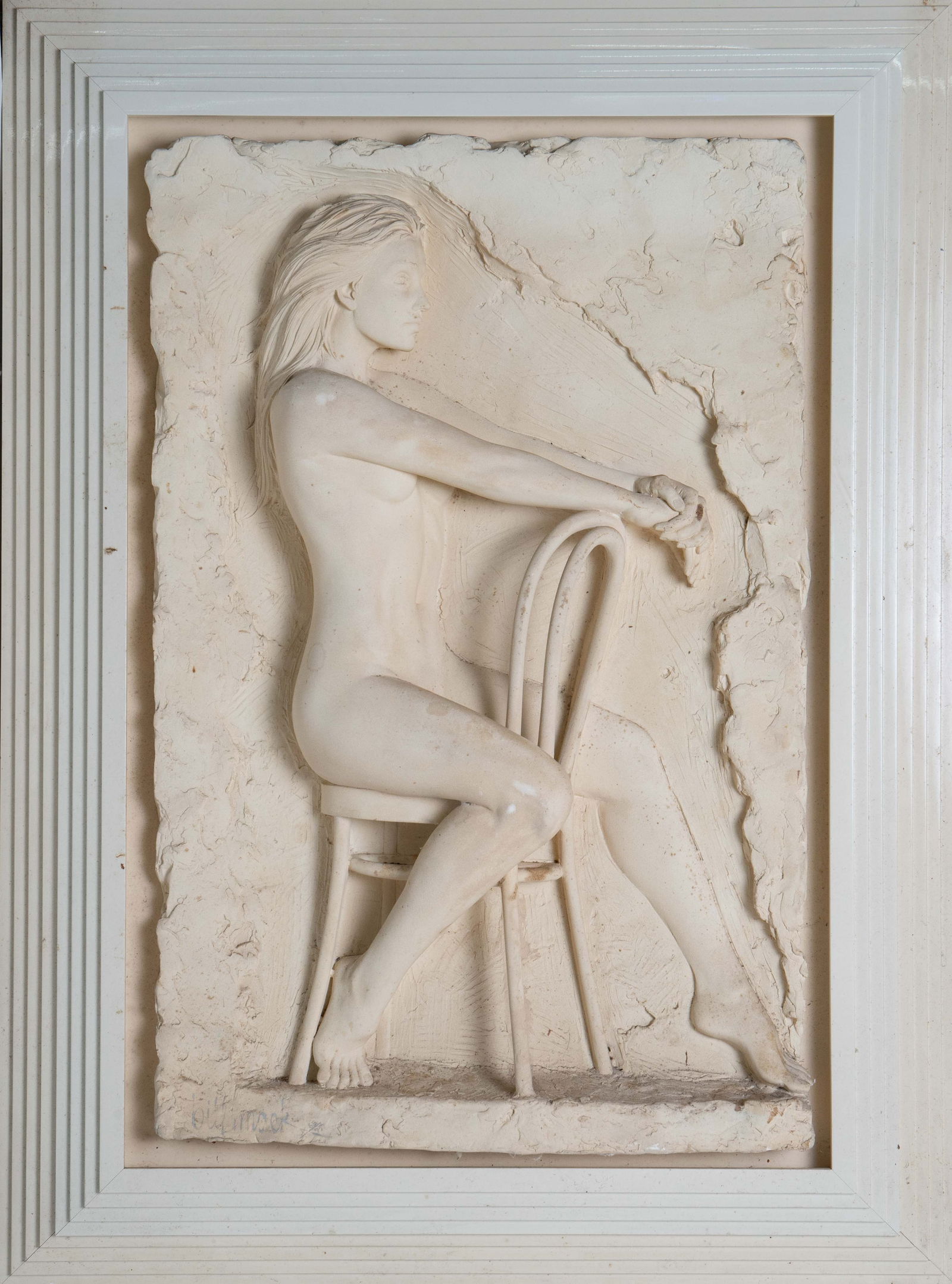 Bill Mack Bonded Sand Wall Sculpture of Nude.: This limited edition figural relief sculpture is signed Bill Mack 83/95 on the lower left. The bonded sand plaque measures 32 1/2" tall and 21 1/4" wide. The frame measures 42 1/2" tall and 31 1/2" wi