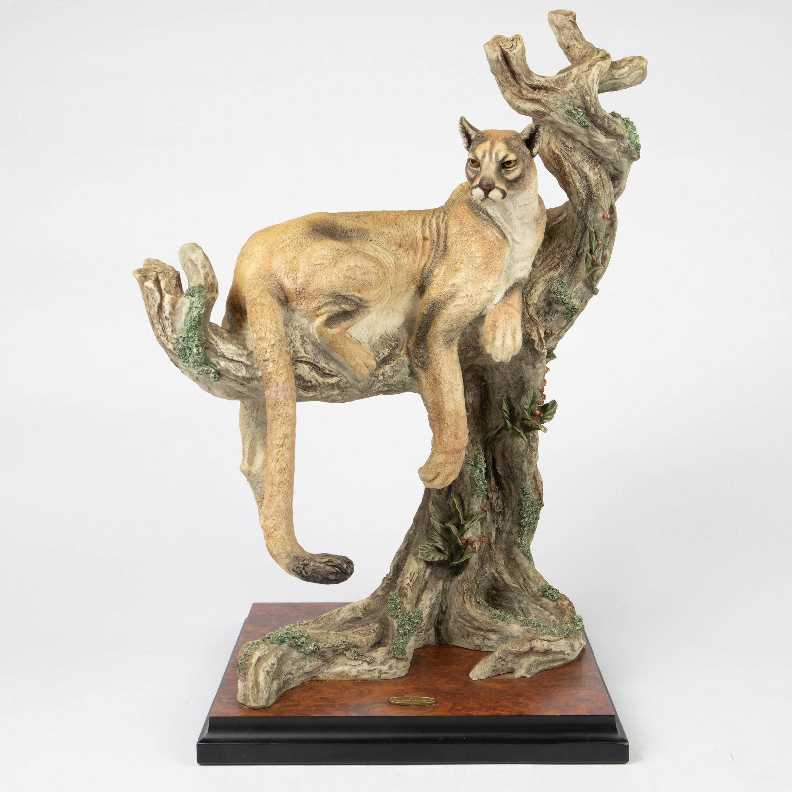 Armani Artist Proof "Silent Watch" Mountain Lion.: This Giuseppe Armani figure is marked as an Artist Proof, out of 1,500. It depicts a cougar or mountain lion lounging in a tree. Overall, the figure looks to be in good condition, with a little dust i