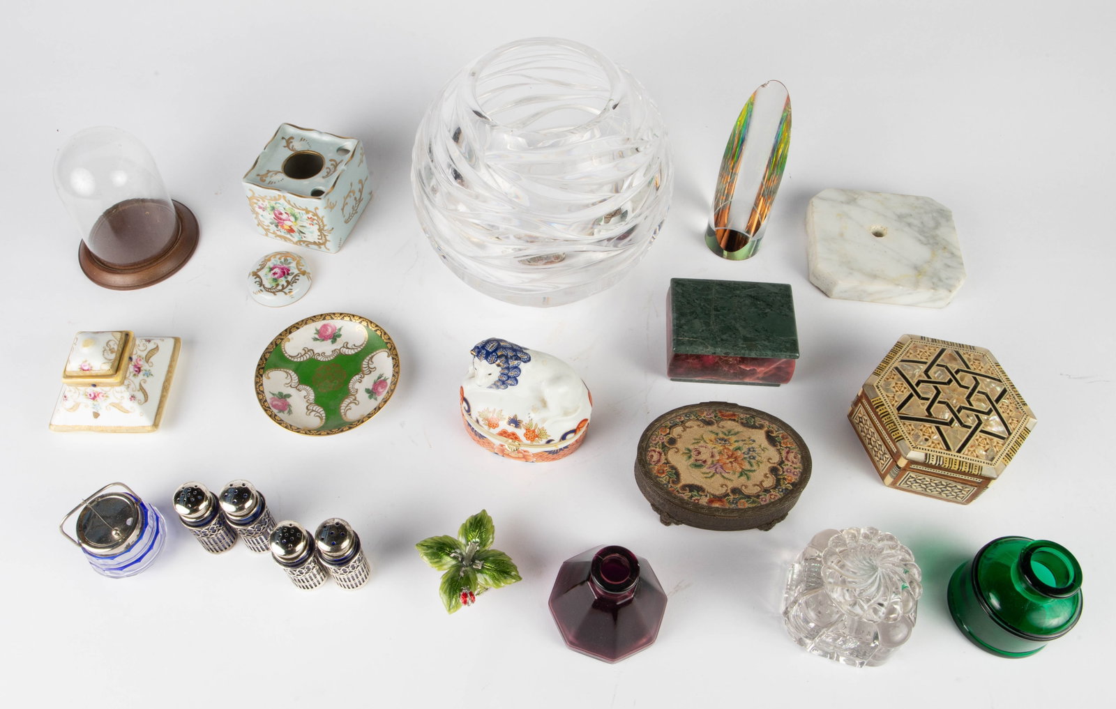 Lot: Tiffany Bowl, Inkwells, Trinket Boxes, etc.: This lot includes an Emil Brost for Tiffany & Co crystal bowl vase, several vintage and antique inkwells, trinket boxes, salt and pepper shakers, and more. Overall, the lot looks to be in good cosmeti