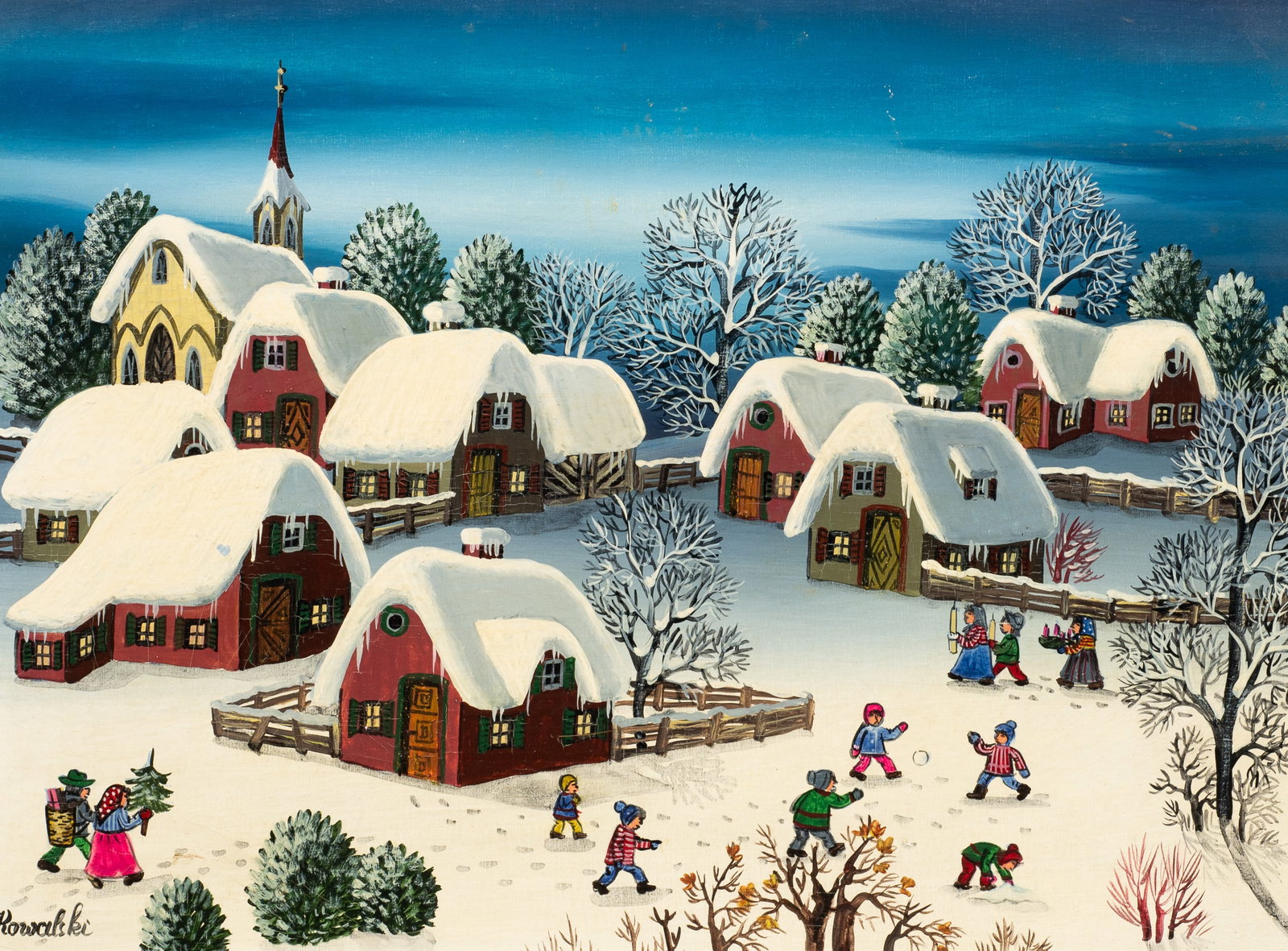 Winter Folk Painting, A. Kowalski.: Artist(s): A. Kowalski (Hungarian, b. 1926) Medium: Oil on canvas. Signature(s): "Kowalski", lower left. Paperwork: N/A Damage: Craquelure and general surface grime. Spot of paint loss to a cottage, l