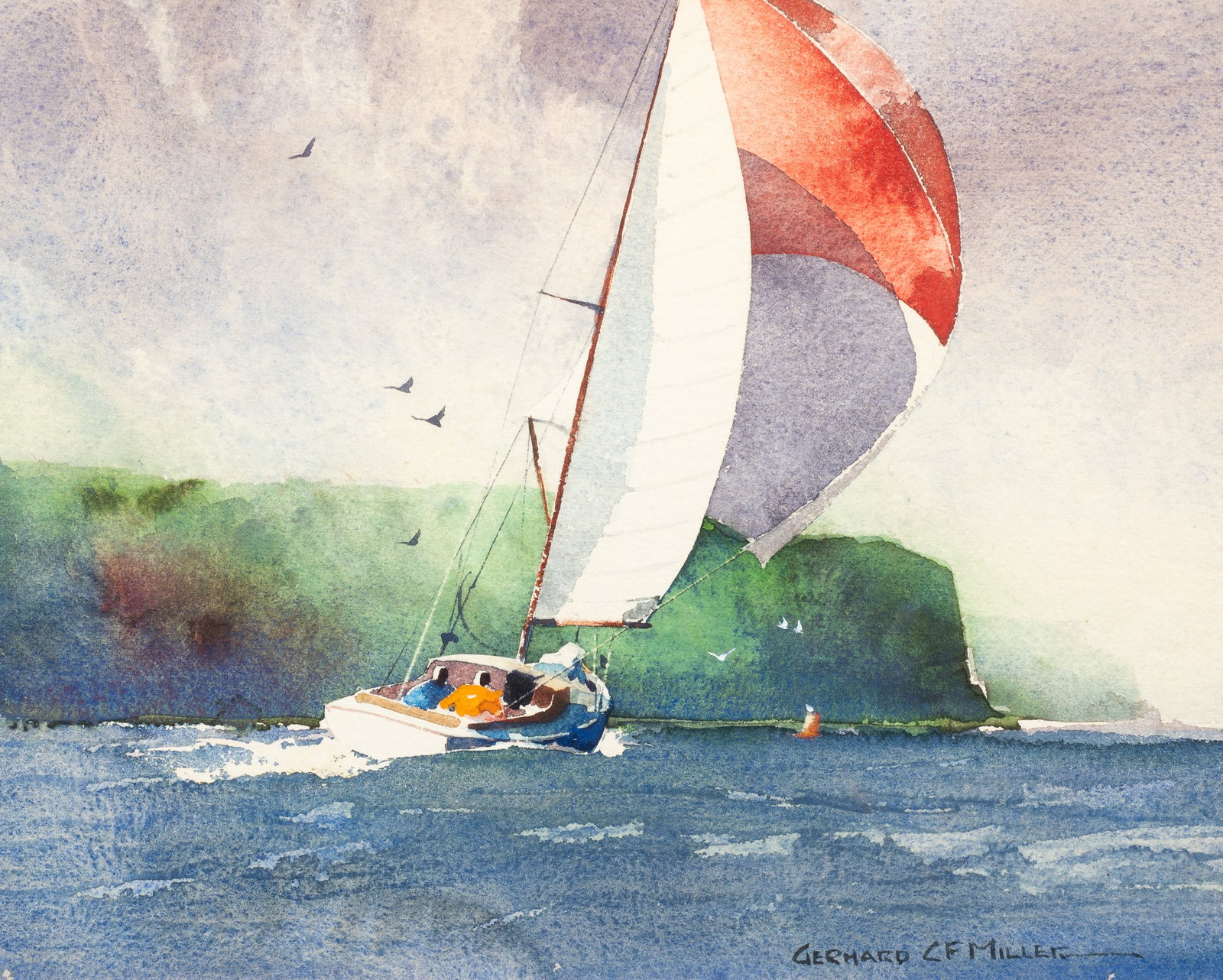 "Spinnaker Run", Watercolor by Gerhard Miller.: Artist(s): Gerhard Carl Friedrich Miller (American, 1903-2003) Medium: Watercolor on paper. Signature(s): "Gerhard C. F. Miller", lower right. Paperwork: Attached en verso is a label from the artist. 