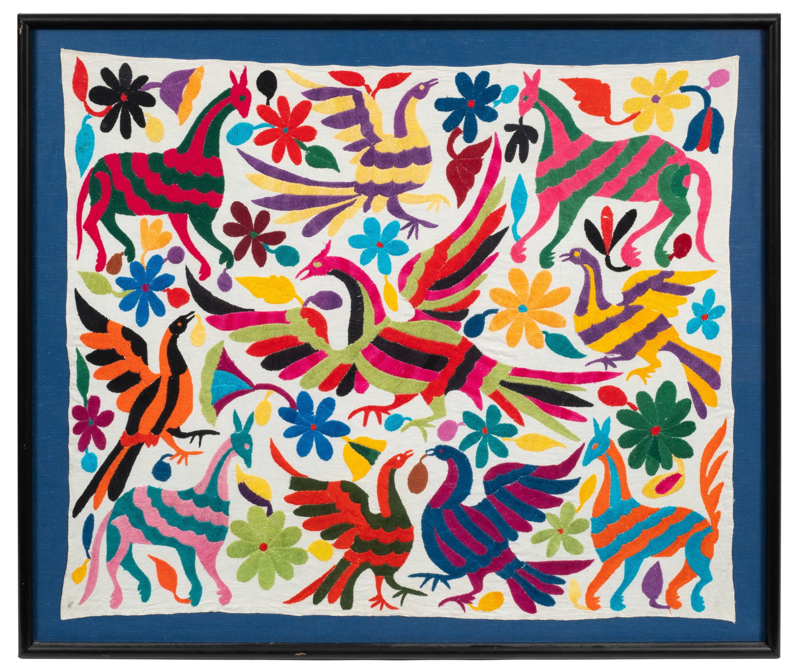 Framed Otomi Style Tenango Embroidery.: Medium: Colorful embroidery on linen. Paperwork: N/A Damage: Signs of discoloration to the outer margins of the linen. Scuffs to the frame. Measurement(s): 29" x 34 1/2" (piece), 33" x 39" (frame). It