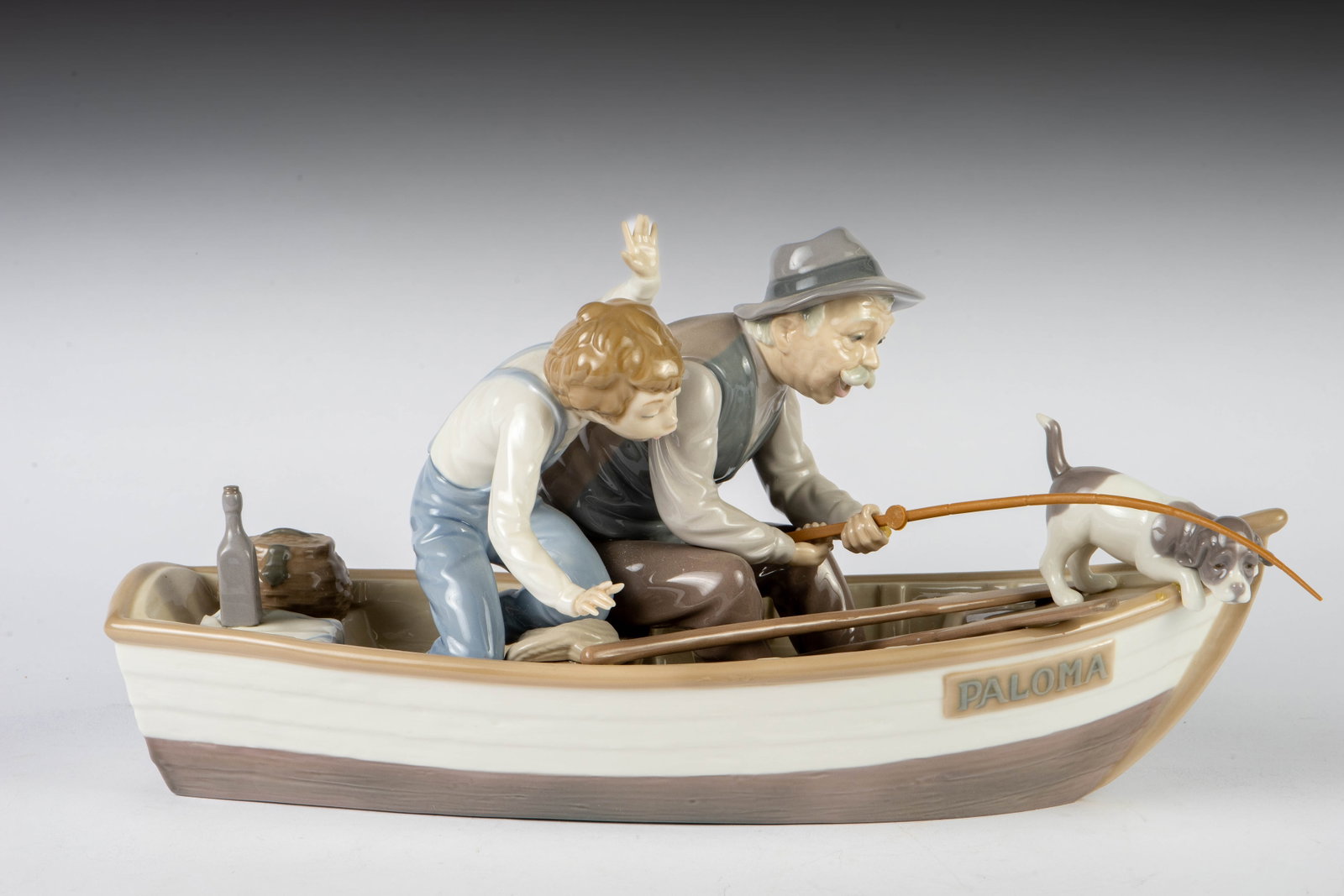 Lladro "Fishing With Gramps" Figure.: It is a figural group of an old man, a little boy, and a dog in a boat. Overall, it looks to be in good condition. The rod can be removed from the old man's hands, for easier packing. The dimensions o