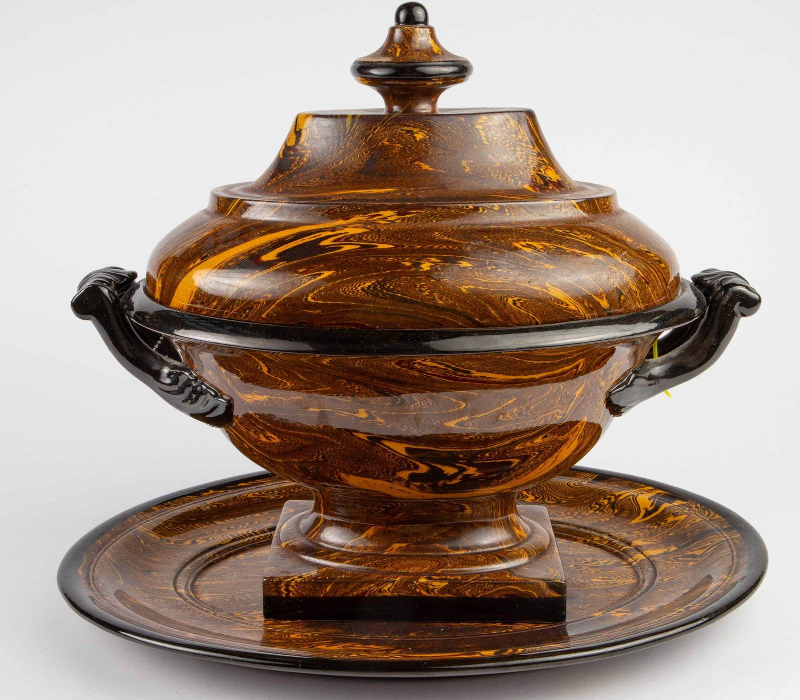 Sgd. Italy Ceramic Agate Tureen & Serving Dish.: This modern pair of serving dishes have a unique marbled finish in shades of brown. The covered tureen measures 13 3/4" tall, 15 1/2" wide, and 9 1/4" deep (including the lid). The large oval serving 