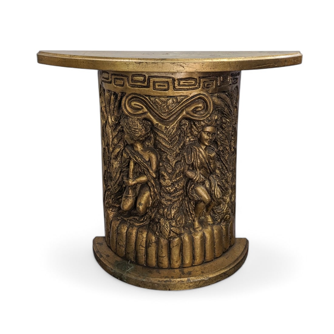 Decorative Demilune Gilt Console Table.: The table has relief carvings of cherubs, and a greek key border design. It is worn, with gilt loss and scratches. It measures 36" wide, 10" deep, and 30" tall. Third-party freight shipping or persona