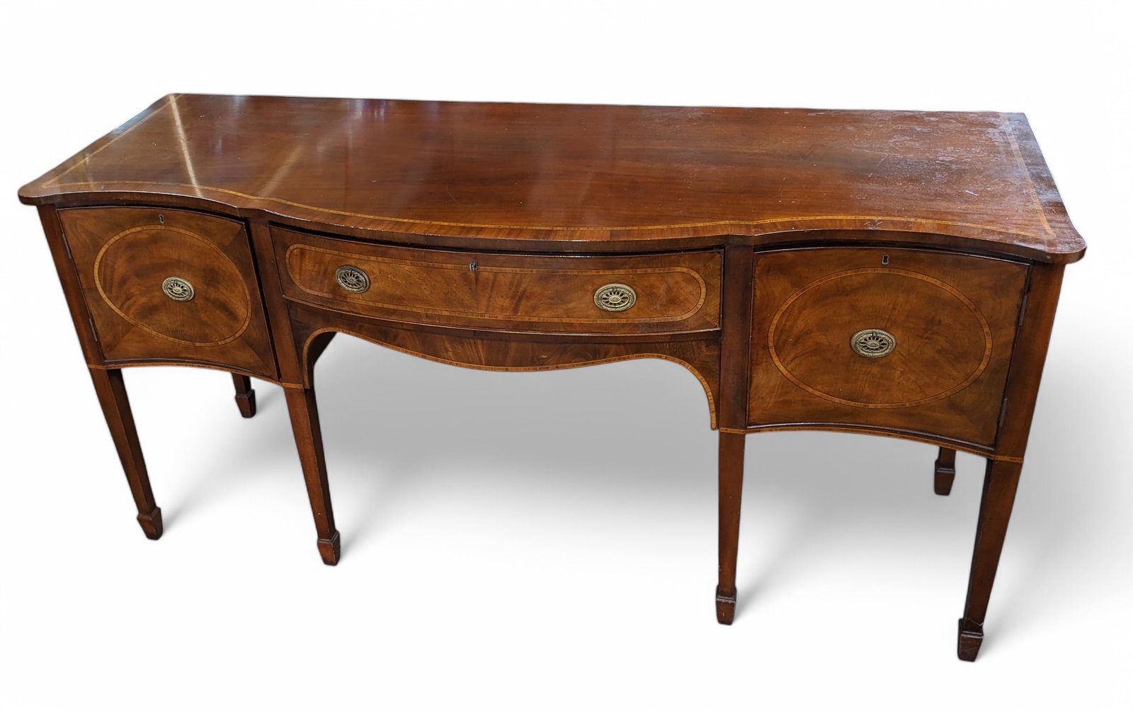 Federal Style Sideboard.: This sideboard or buffet features two lockable doors and one lockable drawer that has brass hardware and burled fronts. A key is included, but it doesn't seem to turn properly. The middle drawer is li