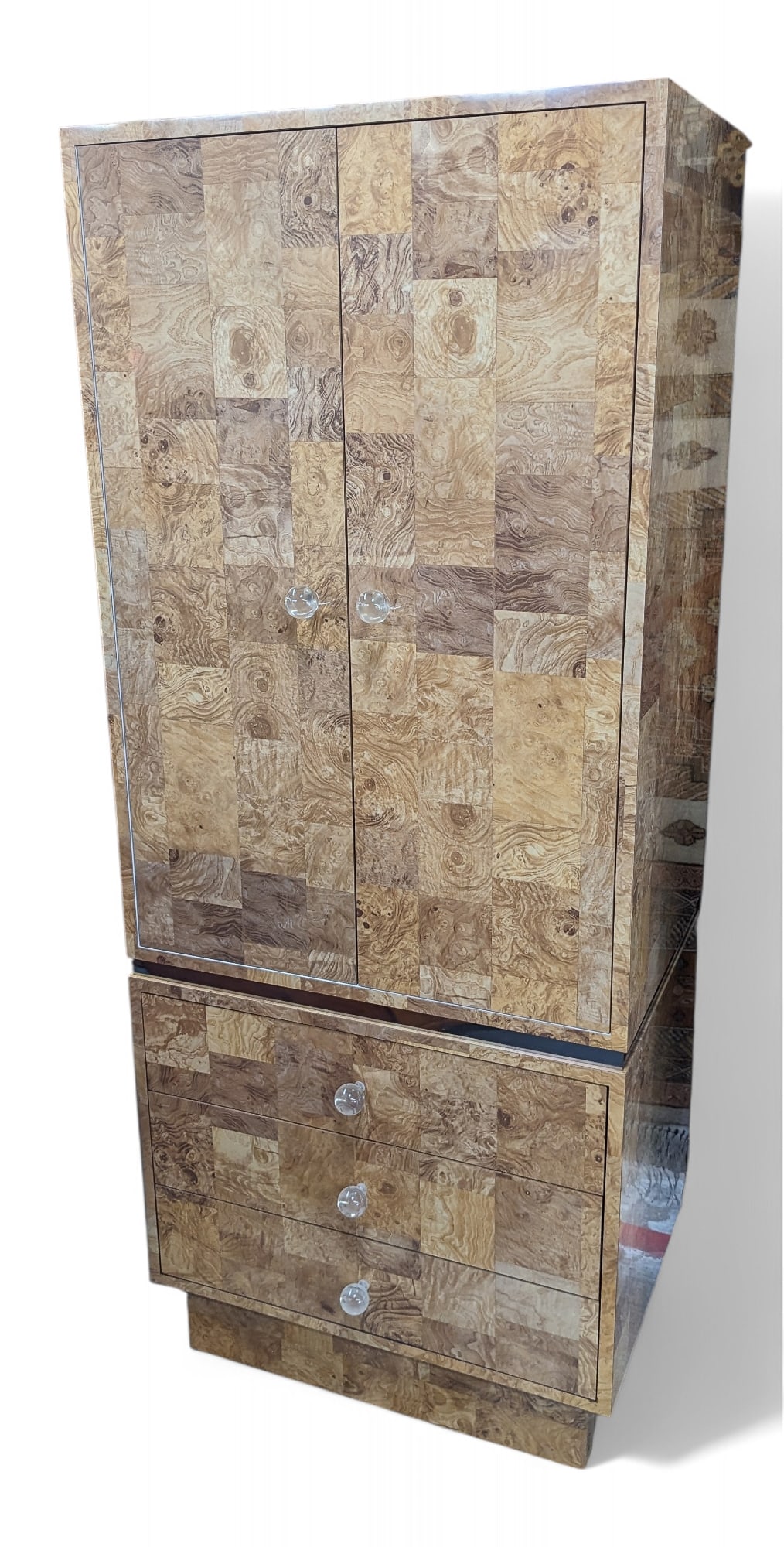Laminated Faux Burled Wood Art Deco Style Wardrobe: This modern wardrobe or cabinet has lucite pulls on its large double doors, and three lower drawers. It is in good condition, but is missing a removable shelf. The piece measures 28" wide, 20" deep, a