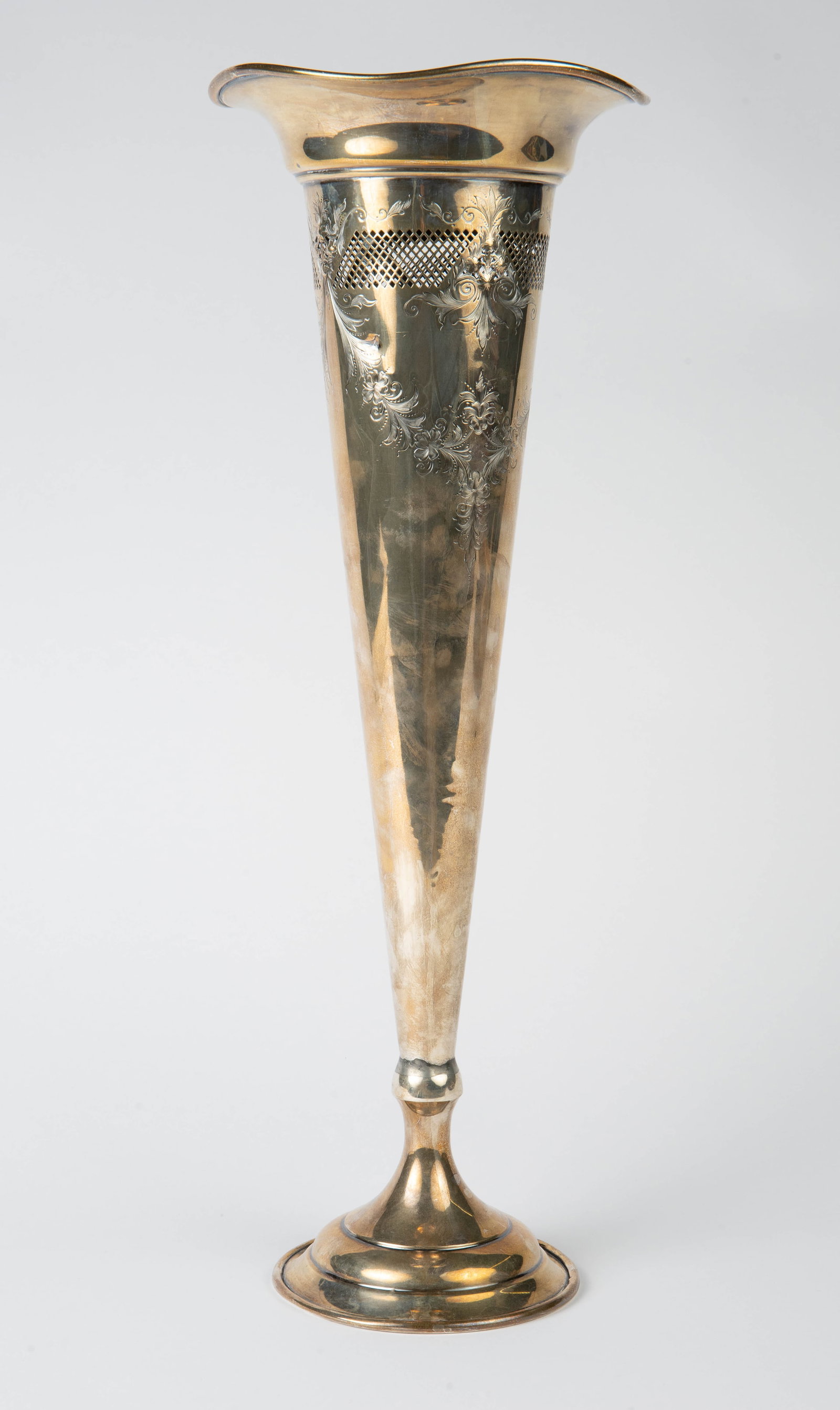 Tall Sterling Silver Weighted Vase - Hallmarked.: This antique piece is marked Sterling / Base Lead Filled, along with a hallmark which features the letter H. As such, its actual silver weight cannot be determined. It measures 21 1/2" tall and 7 3/4"