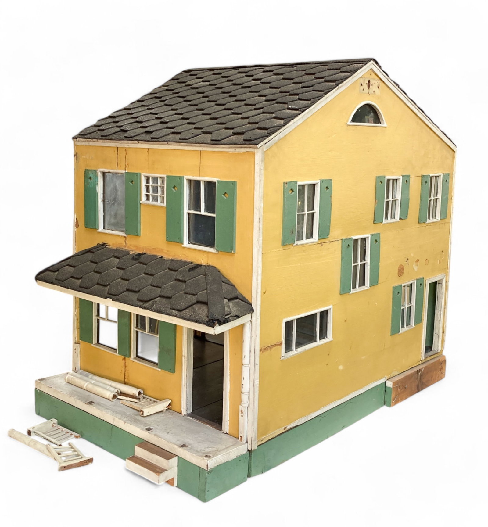 Antique Two Story Wooden Dollhouse - Electrified ?: The large doll house features glass windows, authentic shingles, two stories, an attic, and possibly electrification. There is wiring which collects in the attic, but is currently not fully connected.
