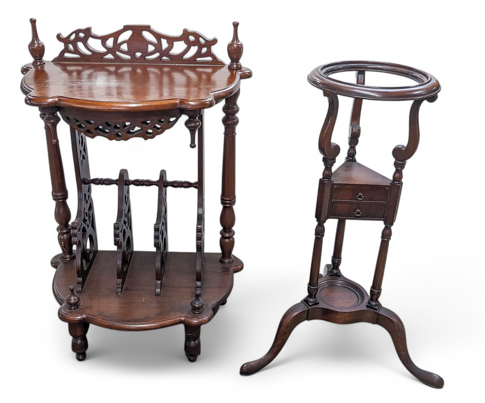 Mahogany Magazine Rack Table & Plant Stand.: The table is wonderfully ornate with a pierced backplash and decorative finials. Below the tabletop are slots for magazines or books. There are a few scratches and faint water rings on the tabletop, a