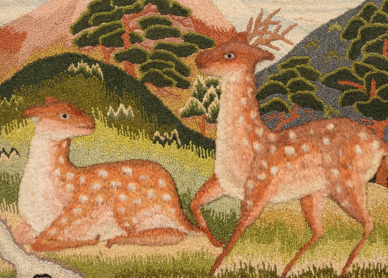 Framed Tapestry of Japanese Sika Deer.: Medium: Mixed-media tapestry. Paperwork: N/A Damage: Paint loss to frame. A few snags to the fabric, but otherwise in good overall condition. Measurement(s): 10 1/4" x 14 1/4" (sight), 19" x 23" (fram
