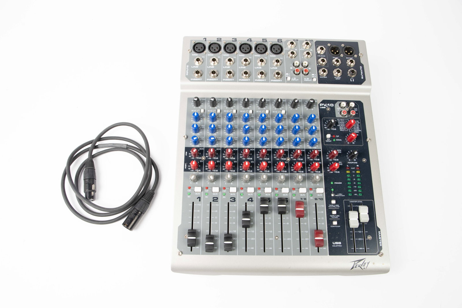 Peavey PV10USB 10-Channel Digital Audio Mixer.: This used, untested USB equipped 10-channel mixer comes in its original box. The item features 2 stereo input channels, inserts on all mic channels, AUX send and return, 80 Hz high-pass filter, headph