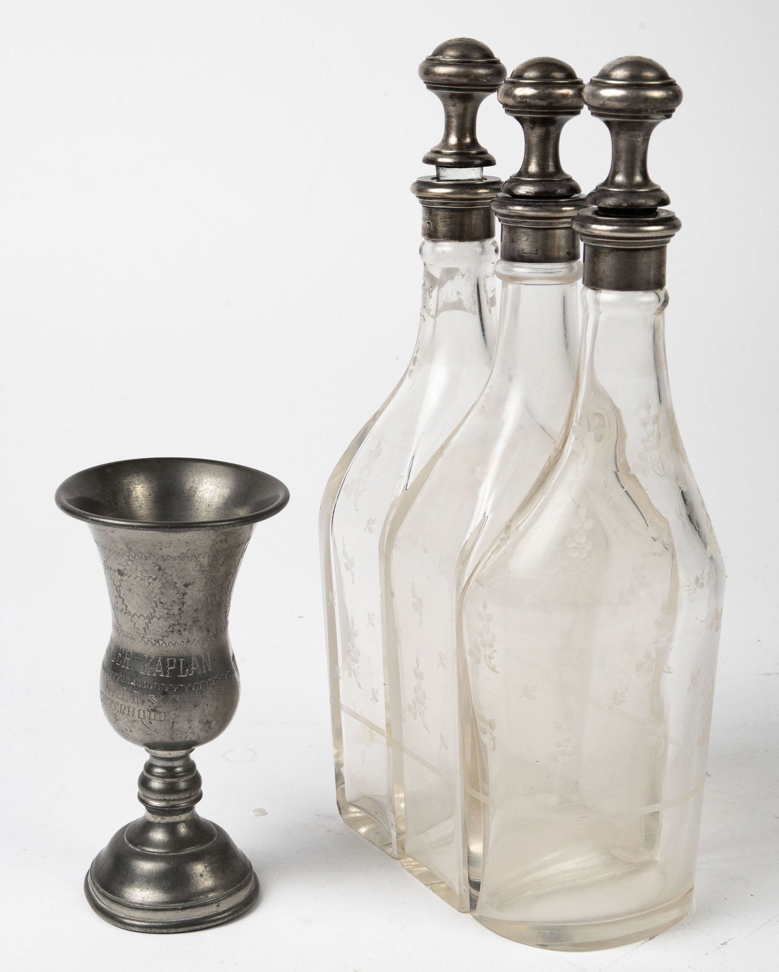 3 Antique Glass Bottles w/ Silver Stoppers, etc.: The lot consists of 4 items in total. First, there are 3 glass bottles with continental silver stoppers. The glass has an iridescent overlay, and the stoppers are marked Spaulding & Co. / Paris & Chic
