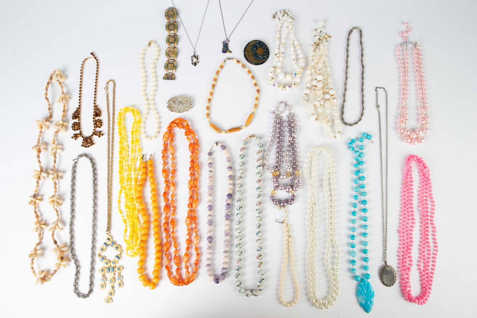 Lot of Costume Jewelry - Weiss, 925, & More.: The lot includes a variety of costume jewelry, mostly necklaces. Some pieces are sterling and / or signed. There are two Mexican sterling pieces: a bracelet, and a round brooch. Next, there is a sterl