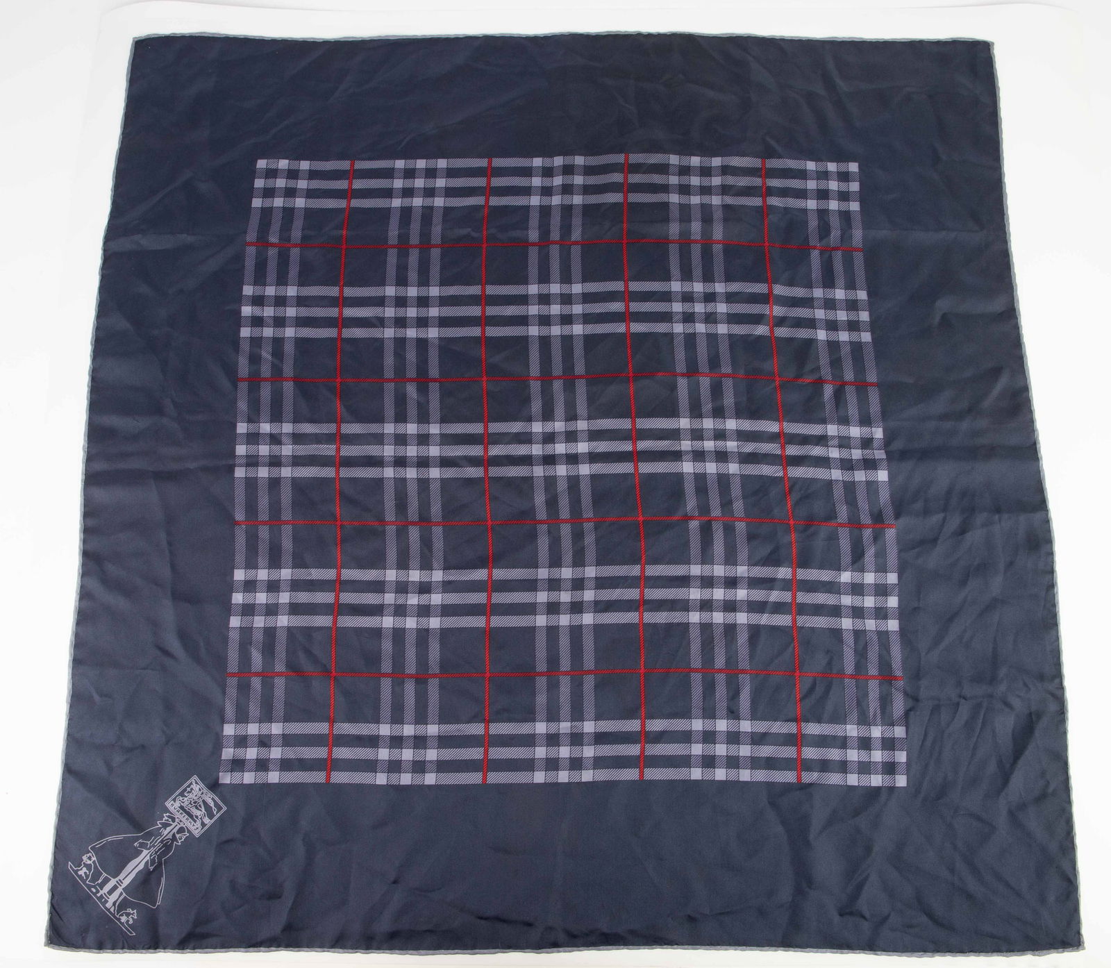 Vintage Dark Blue Silk Scarf Signed Burberry.: The square scarf measures 30". It does not have a tag. The outer stitches are messy and visible. There are a few stain specks and a pin prick hole at a corner. Otherwise, the item is in overall good c