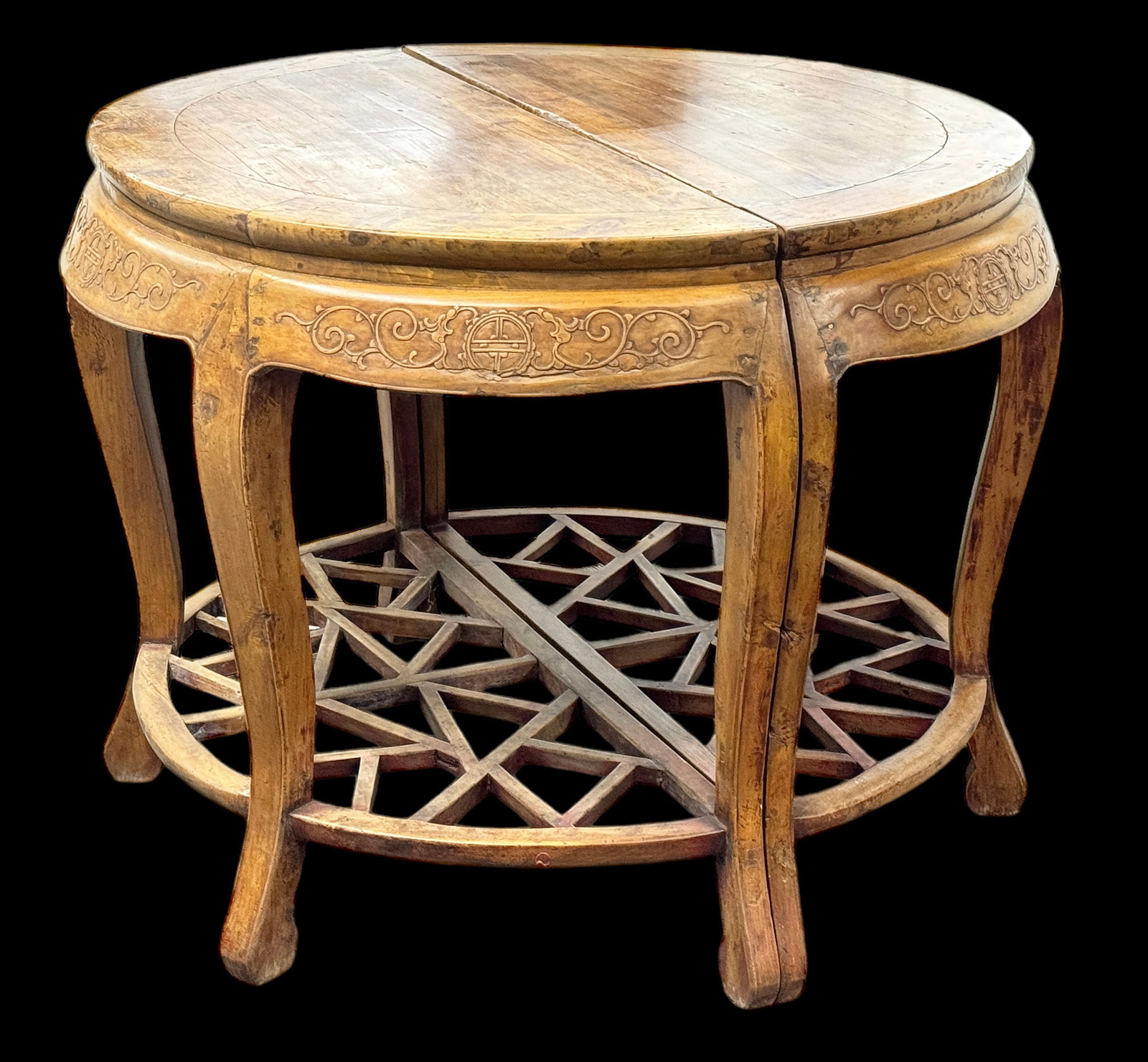 Large 19th Century Chinese Wood Table.: The table can be separated into two demilune tables, if desired. The table is in good overall condition, with some wear to use. It measures 34 3/4" tall and 44" in diameter. Third-party freight shippi