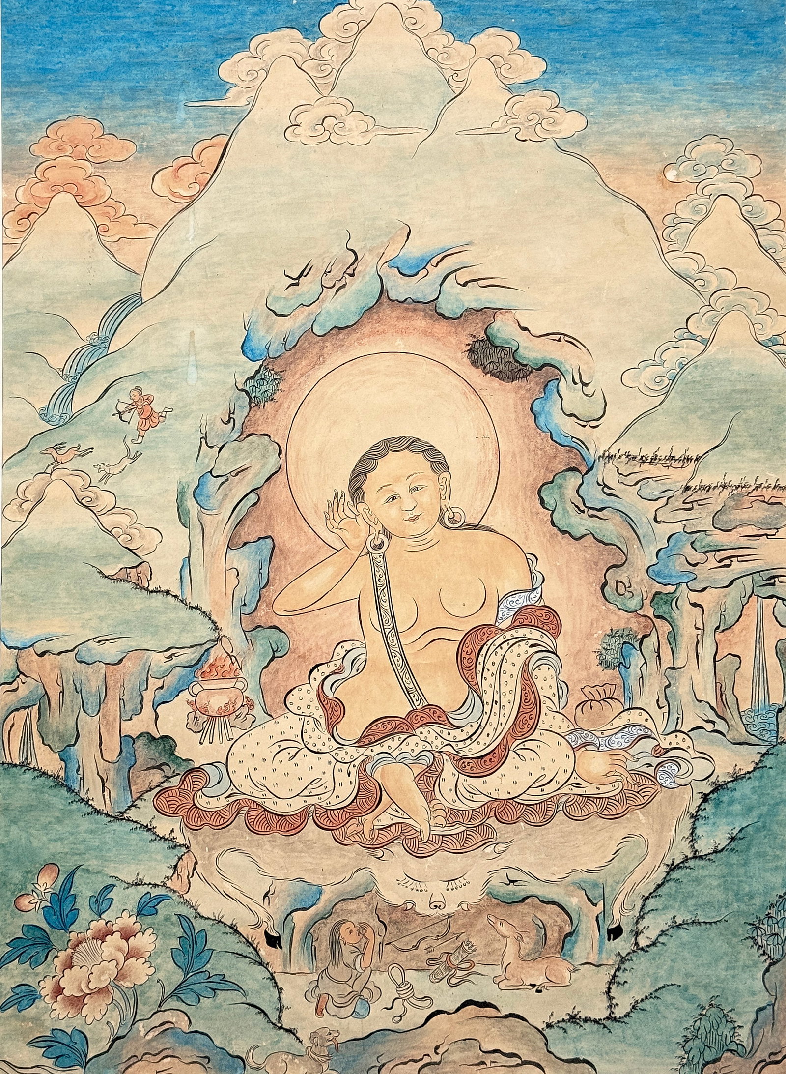 Tibetan Ink & Watercolor on Paper of Milarepa.: The painting is in good condition. Its frame has some dinks and wear. Information about the artist and the scene can be found on the back of the work. Sight size of the watercolor measures 21 1/2" x 1