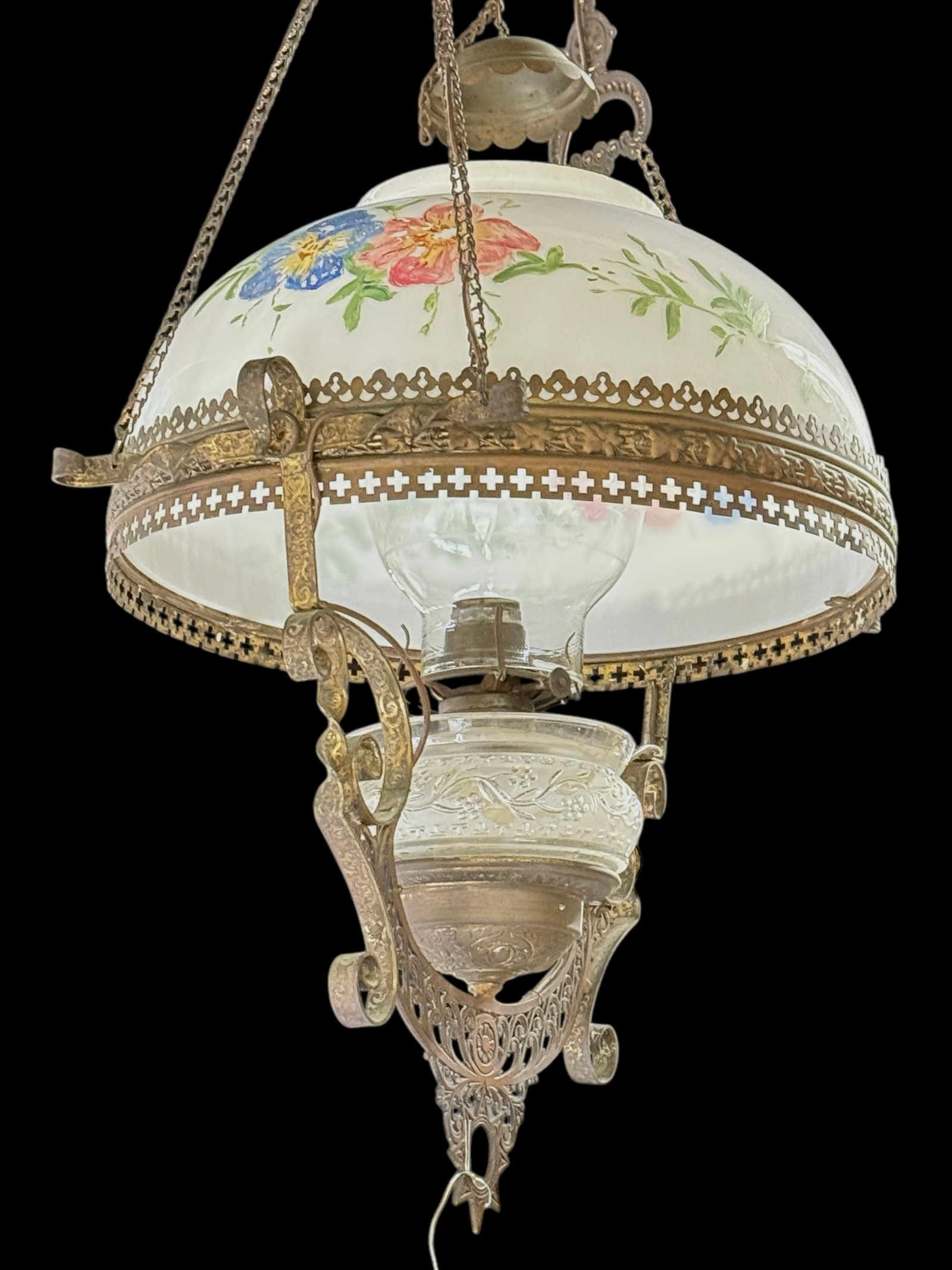 Victorian Hanging Oil Lamp Converted to Electric.: This lamp is a good example of aVictorian hanging oil lamp. It looks to be in good overall condition, with all its glass pieces intact. It is untested in regards to its working condition. The lamp mea