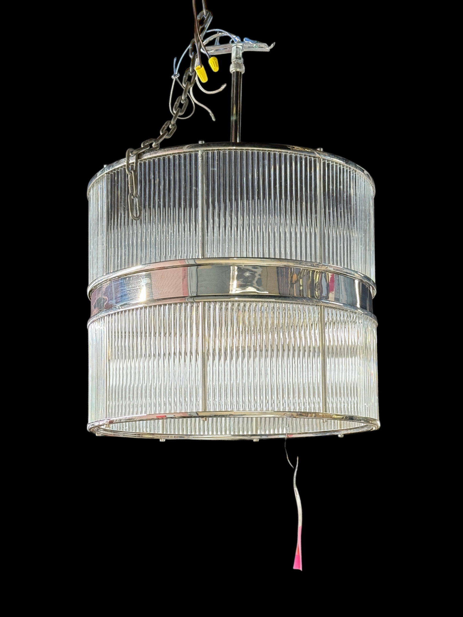 Modern Ralph Lauren "Allen" Light Fixture.: The fixture looks to be in good overall used condition. It could probably benefit from a good cleaning. Its working condition is unknown. The cylinder fixture measures 15 3/4" long and 18" in diameter