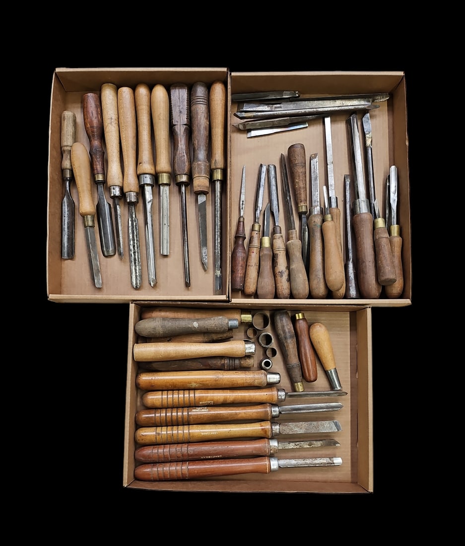 Lot of Vintage Wood Turning Tools.: The lot includes 22 various wood handle cutters, a set of 5 matching Craftsman turning tools, 7 handles and collars, and 9 cutters without handles. Some of the pieces have other makers, including Rose