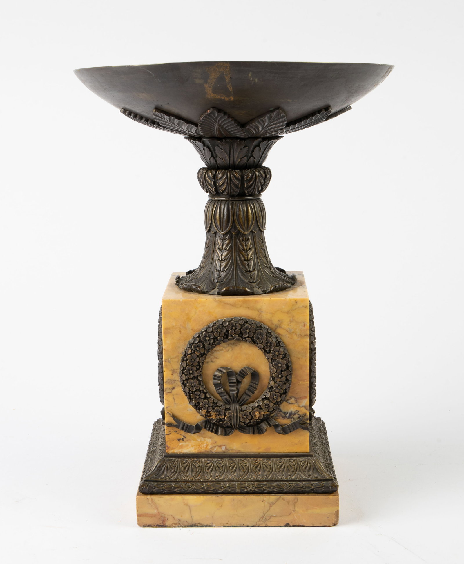 Bronze and Marble Neoclassical Style Tazza.: Overall, it looks to be in good condition, with some cracks and chips near the bottom. The tazza measures 13 1/2" tall and 9 3/4" across the widest area. Third-party shipping or personal pickup is req
