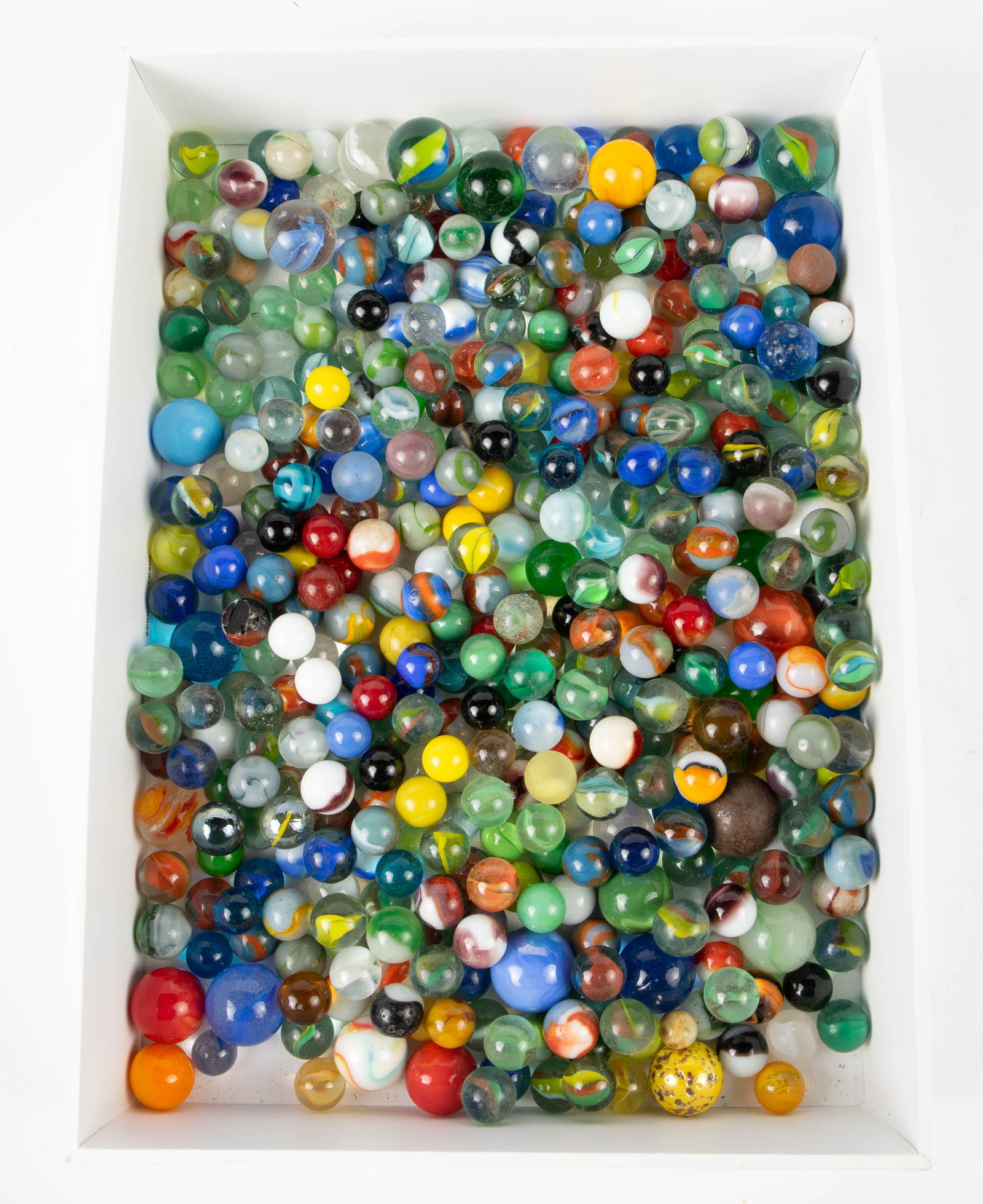 Lot of Assorted Marbles - Shooters, Agates, etc.: Included are many cat's eye, some agates, a few swirl marbles, and a few clay marbles. The condition varies - most appear to be in good condition, but others have some nicks, damage, and dirt. In-hous