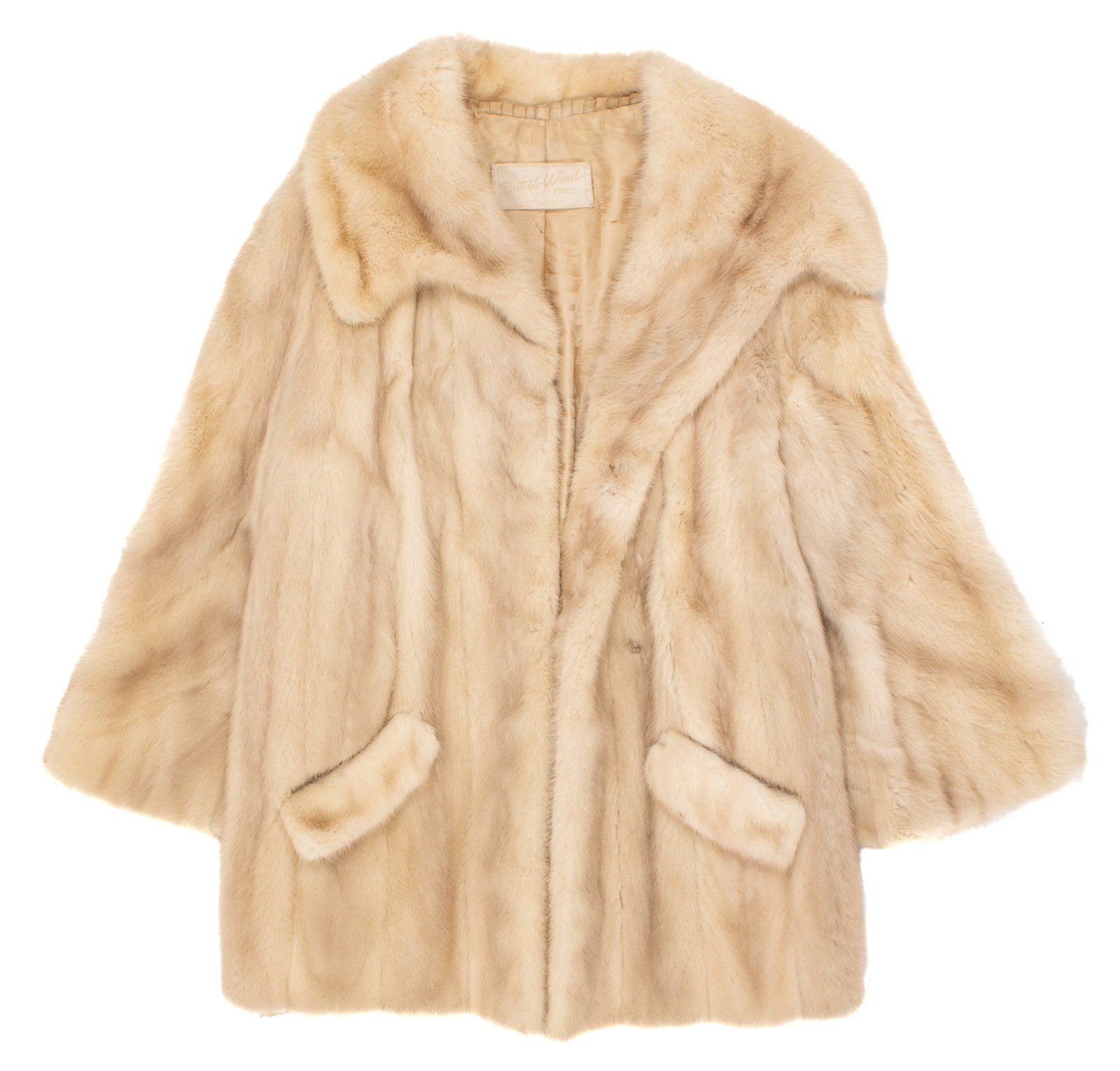 Cream Colored Mink Fur Coat - Thigh Length.: This coat is labeled Barth-Wind Furs Skokie Illinois. It measures 16 1/2" from shoulder to shoulder, 31" from the nape of the neck to the end, and 14" from the arm pit to the end of the sleeve. It has