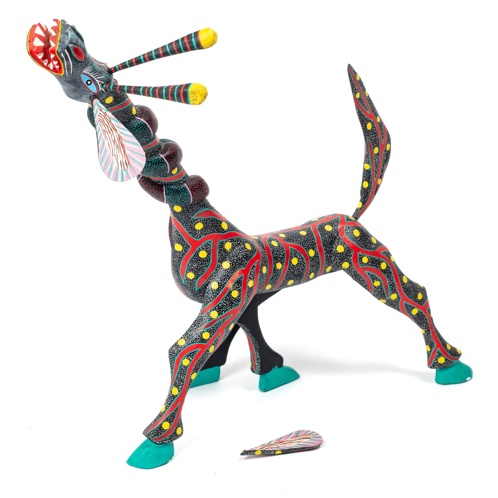 Large Vicente Hernandez Vasquez Alebrije Figure.: This carved wood Mexican folk art sculpture is signed Vicente Hernandez Vasquez on the underside. The figure depicts a mythical hippopotamus giraffe figure with a snake wrapped around its long neck. T