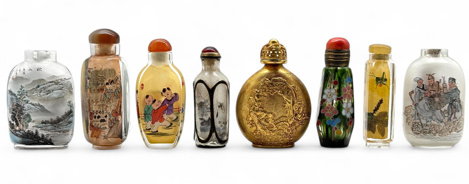 Lot: 8 Chinese Snuff Bottles, inc. Reverse Painted: 6 of the snuff bottles are glass reverse painted. Another is glass, but painted on the outside, with a coral top. Another one is a gilded metal snuff bottle. Two of the reverse painted bottles have no