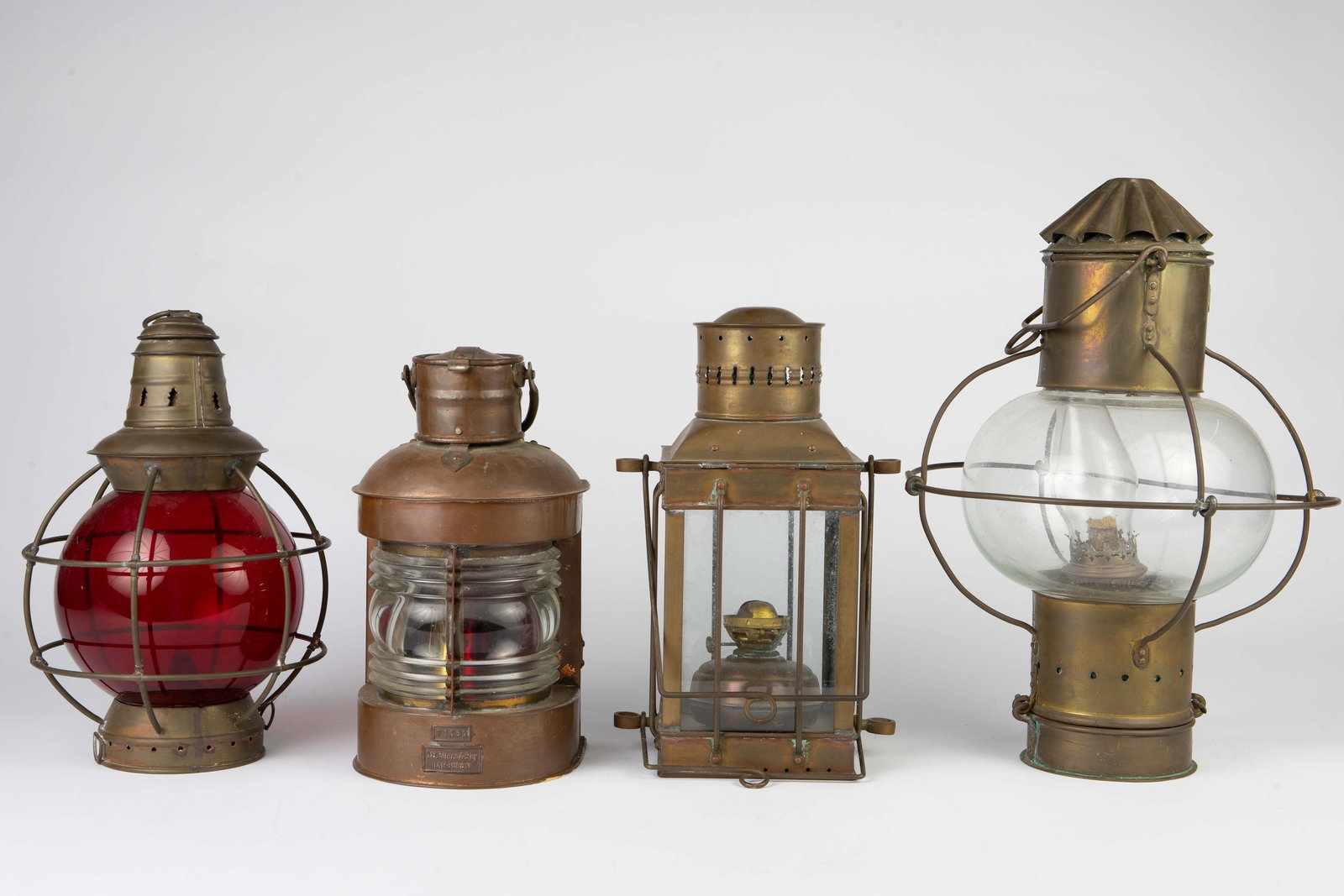 Lot of 4 Vintage Railroad & Ship Lanterns, Viking.: The lot contains 4 metal oil lanterns. First, there is a copper maritime ship's lantern by J.H. Peters & Bey Hamburg 11, model no. 72686. There is also a copper rectangular ship lantern by Viking. Nex