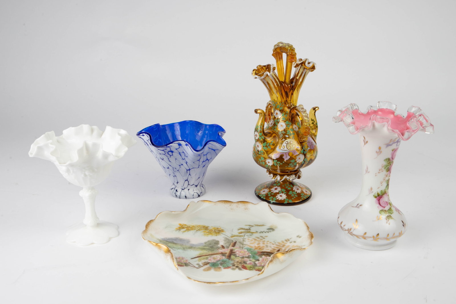 Lot Vintage Art Glass - Milk Glass, Moser Decanter: The lot contains 5 items in total. First there is a blue 5" x 6 3/4" handkerchief bowl attributed to Jozefina Krasno. Next, there are two milk glass pieces: a ruffled rim sherbet, and a hand painted p