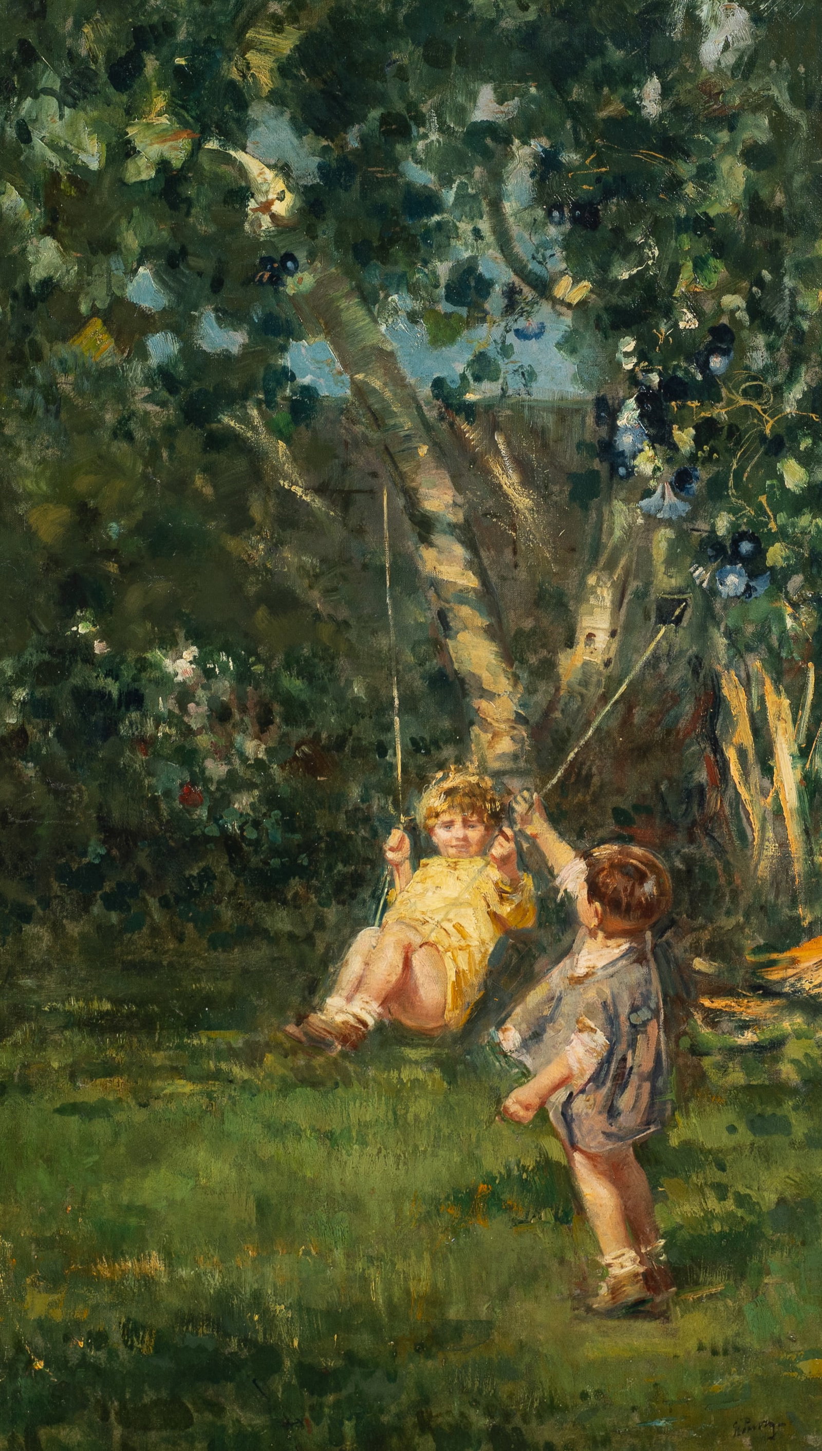 Children at Play, Impressionist Painting, Signed.: Artist(s): Unknown.Medium: Oil on canvas.Signature(s): Signed illegibly, lower right.Paperwork: N/ADamage: Several repair patches, visible stretcher lines, and darkened varnish.Measurement(s): 39' x 2