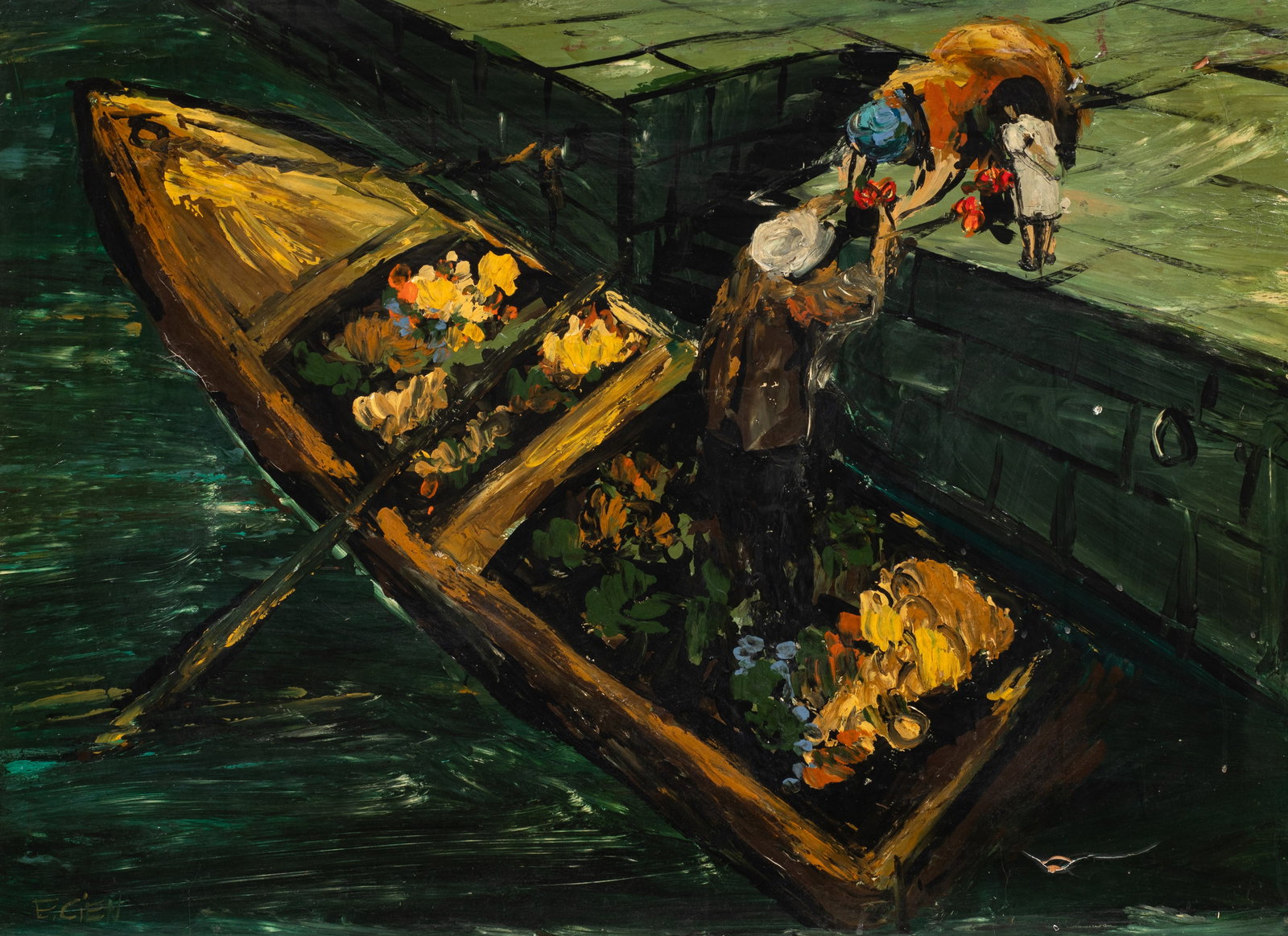 Large Mid-Century Canal Scene, Etta Cien. (1 of 6)