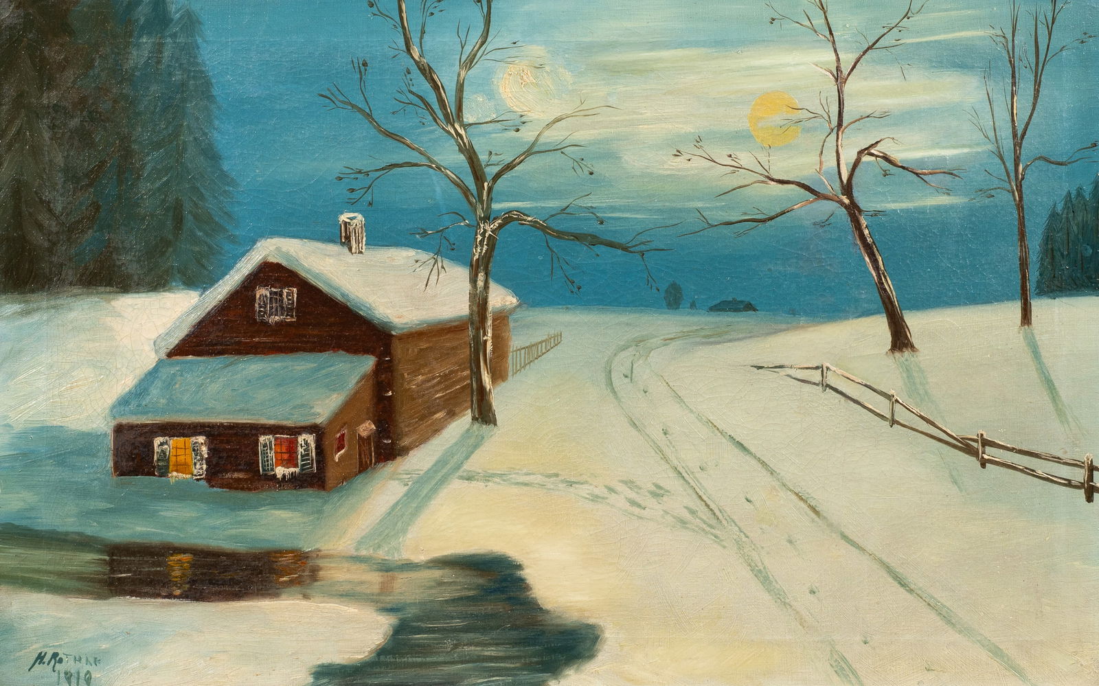 Antique Winter Cottage Scene Signed H. Rothke. (1 of 7)
