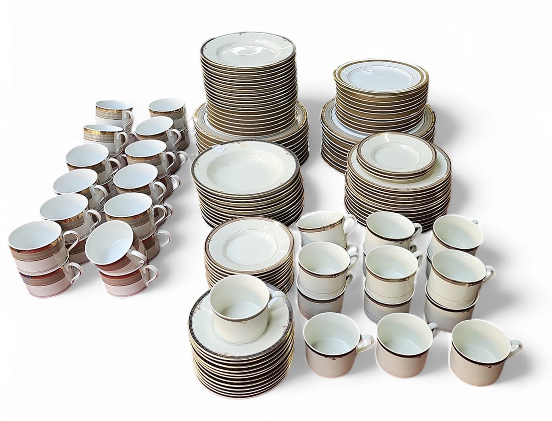 Huge Lot of Gilded China - Mikasa & Christian Dior: The lot includes 140 pieces in total. There are Mikasa fine china dinnerware sets in 3 designs and 11 Christian Dior salad plates. The Mikasa designs are Regency Crest, Ebony Circle, and Cambridge. Th