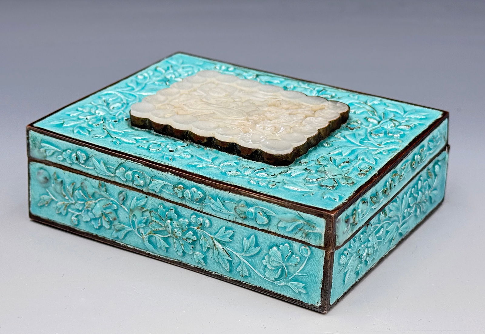 Antique Chinese Enamel & Carved White Jade Box. (1 of 7)