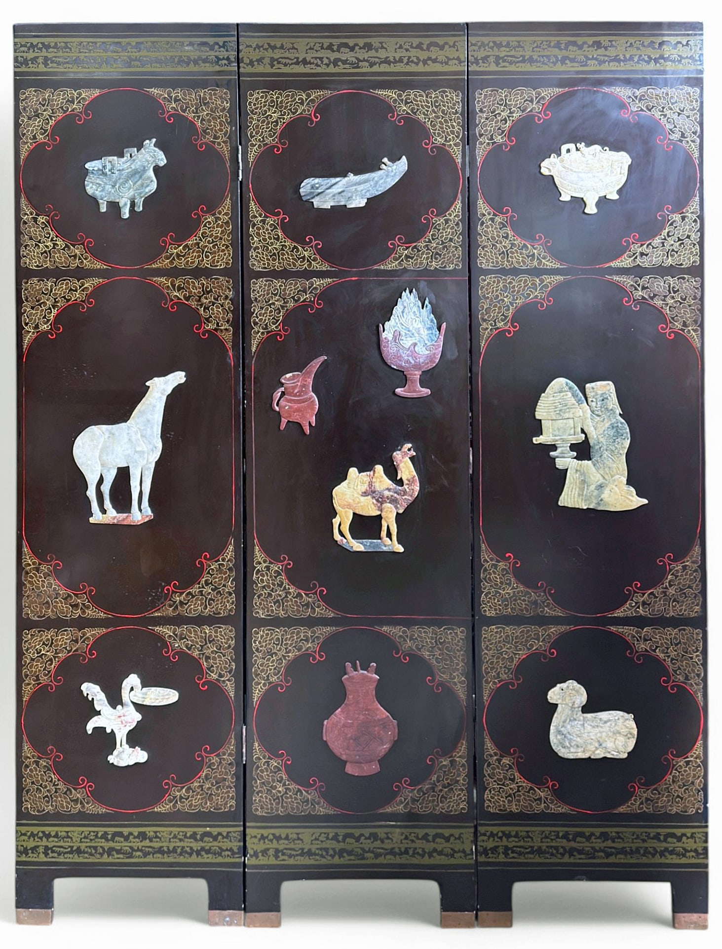 Chinese Hardstone Dk. Brown Lacquer 3 Panel Screen (1 of 8)