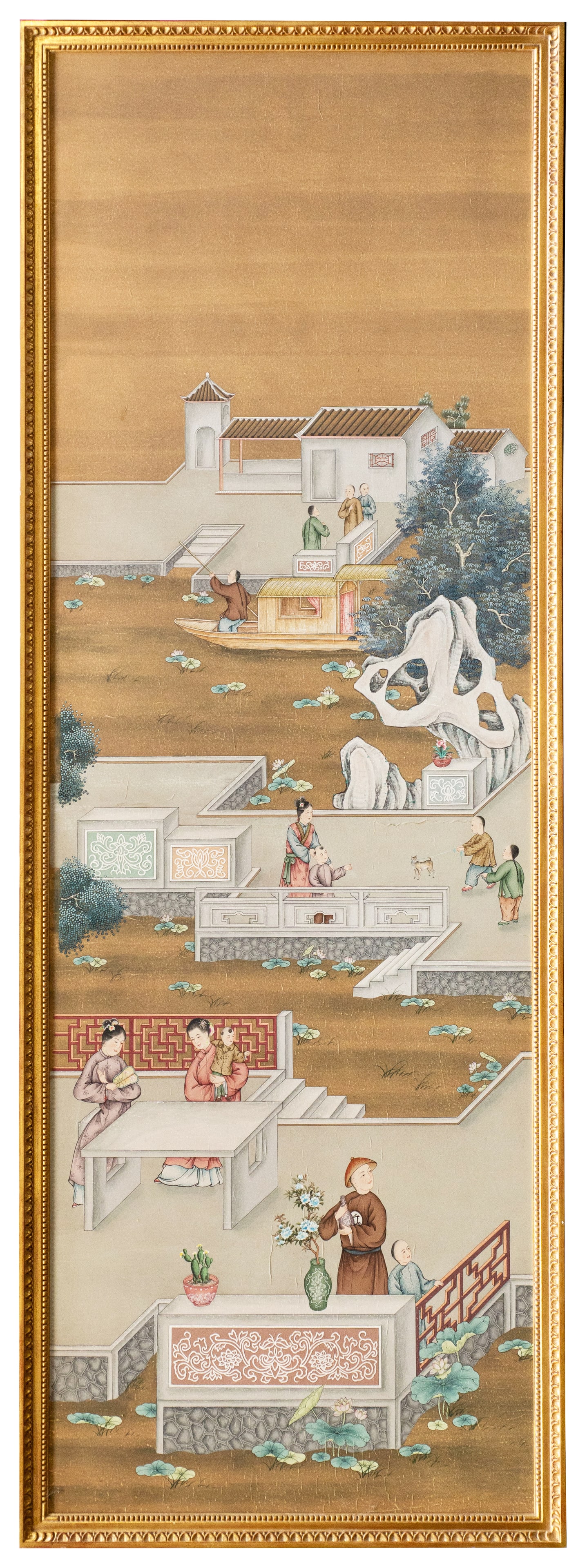 Huge Qing Dynasty Chinese Painting.: The painting looks to be watercolor and gouache (tempera) on paper, attached to board. The paper has some cracking to it from age. It is in pretty good overall condition for its age. The frame measure