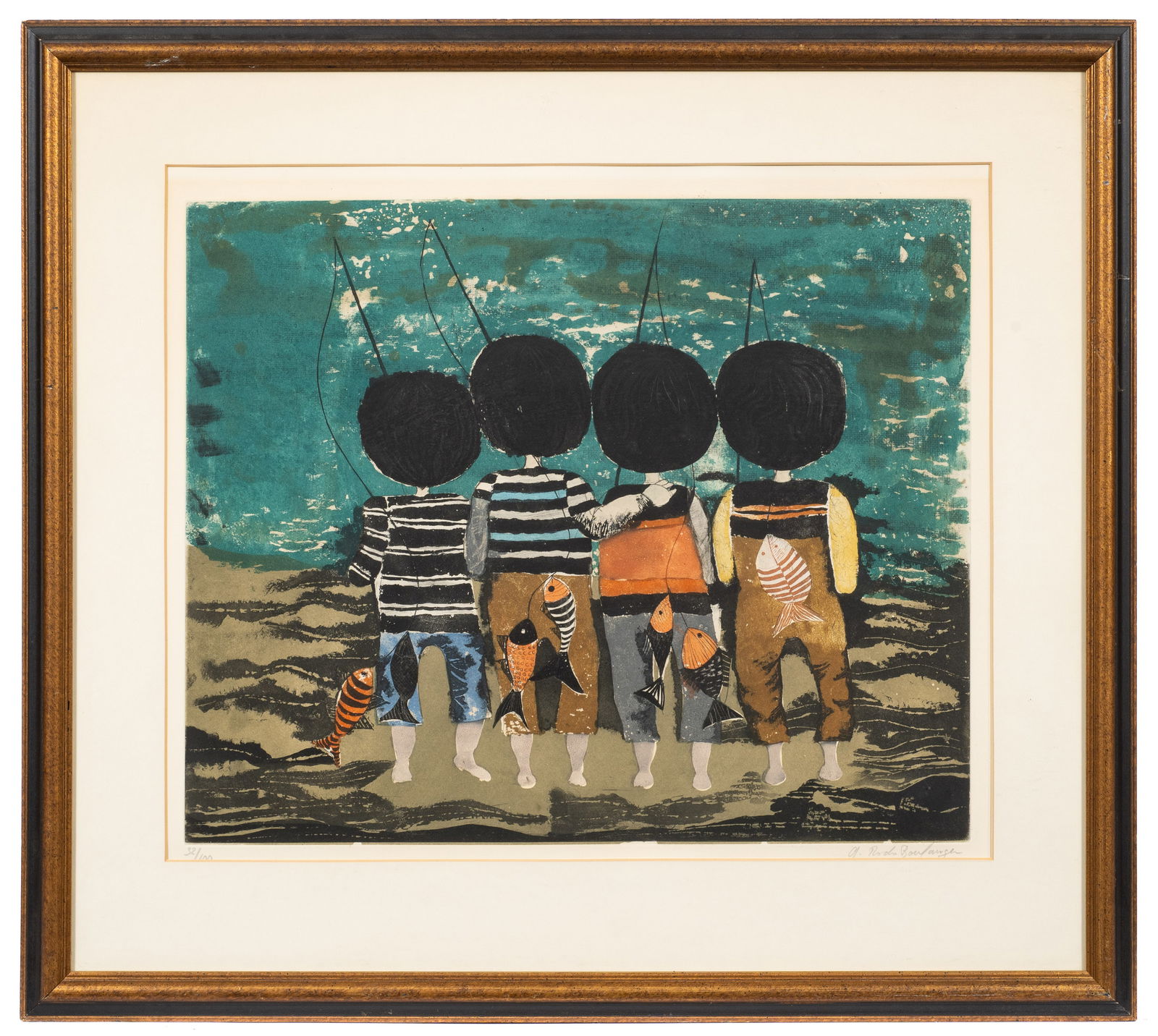 Etching of Children Fishing, Graciela Boulanger. (1 of 6)