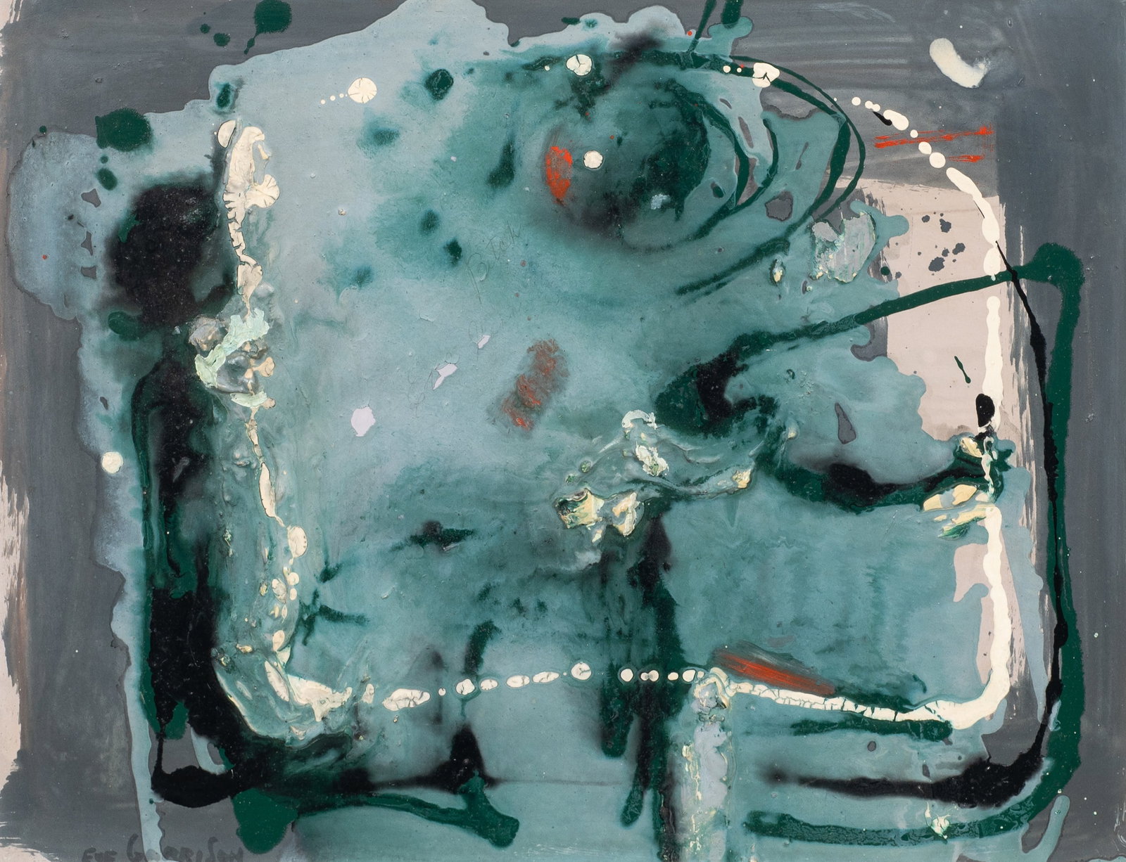 Abstract Composition by Eve Garrison.: Artist(s): Eve Garrison (1908 - 2003) Medium: Oil on board. Signature(s): Lower left. Paperwork: N/A Damage: Paint loss to the center of the work, as well as adjacent incised profanity. Gilt loss to t