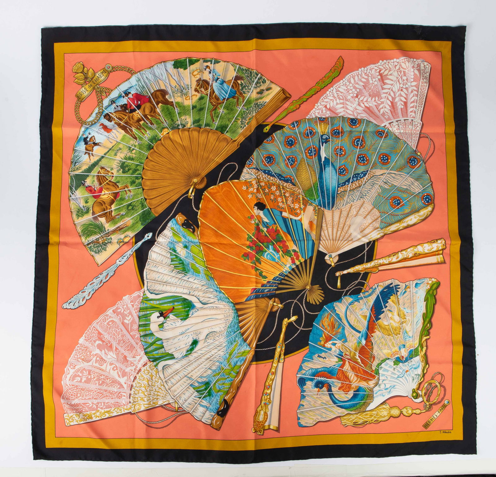 Hermes Brise De Charme Silk Scarf - Abadie.: This vintage silk scarf designed by Julia Abadie for Hermes measures 35 1/'2" on each side. There are a few stains on the piece. Otherwise, it is in overall good condition. In-house shipping is availa
