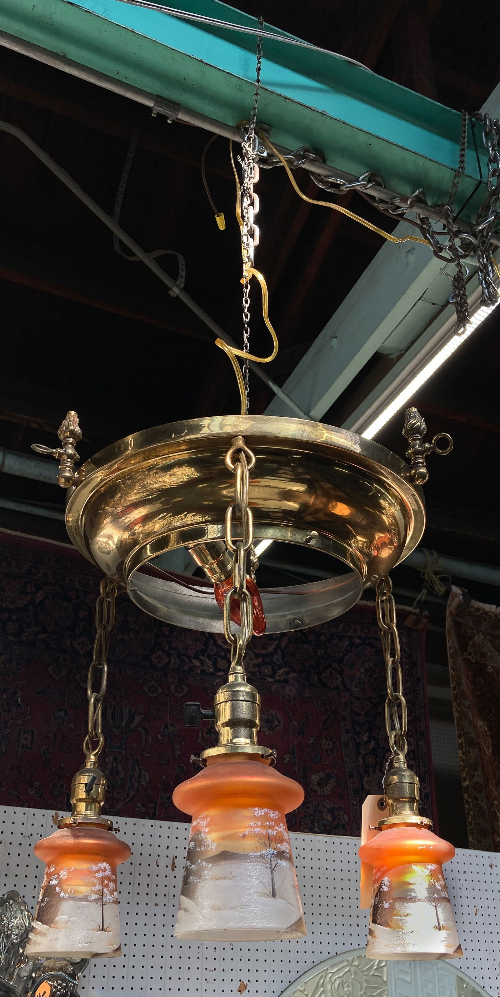 Brass 3 Arm Chandelier with Hand Painted Shades. (1 of 2)
