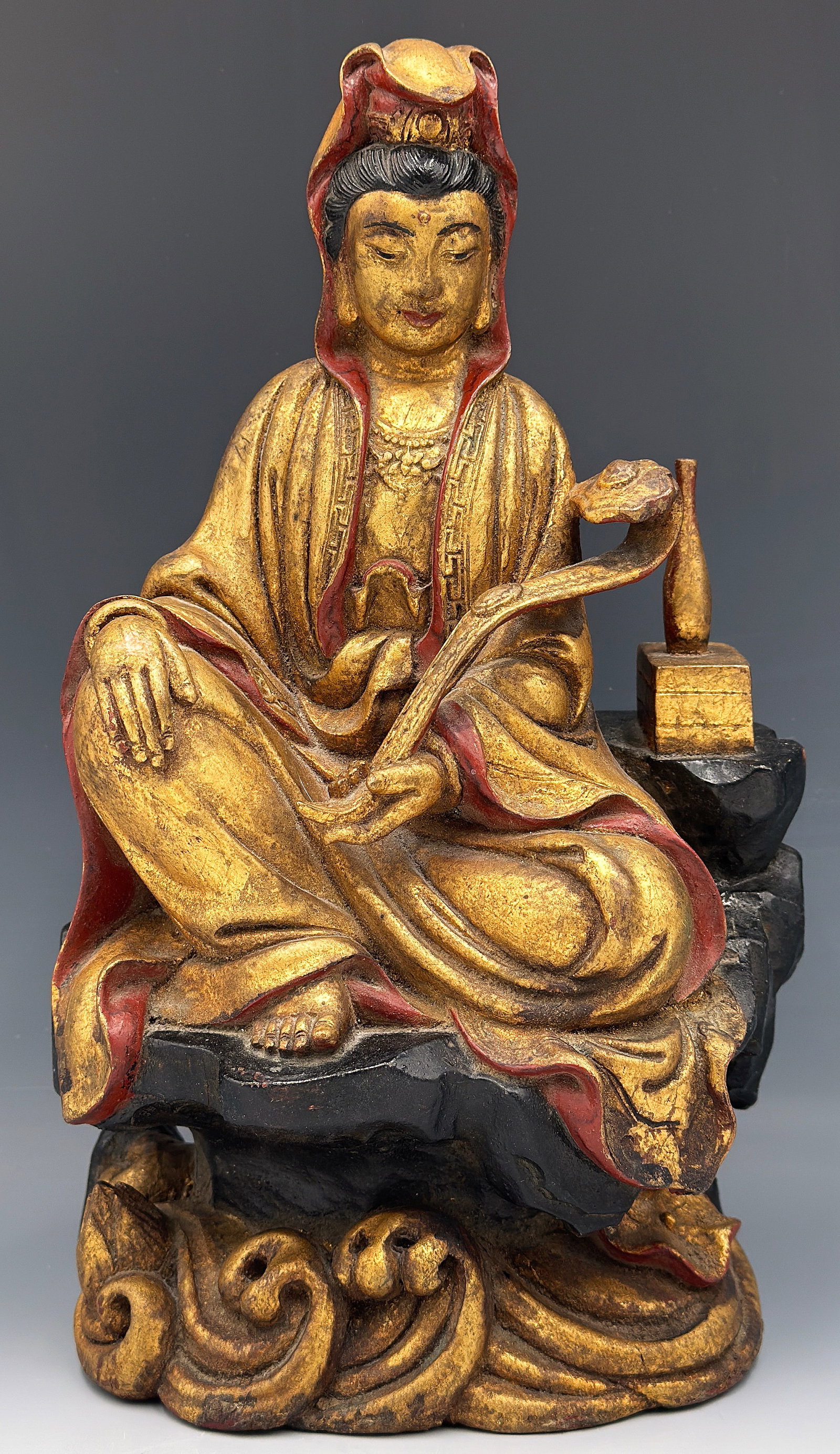Antique Gold Gilt Carved Wood Chinese Guan Yin.: The Guanyin figure is in good overall condition, with wear to use. It measures 11" tall, 6 1/4" wide, and 4 1/2" deep. In-house shipping is available. Please see our website regarding in-house shippin