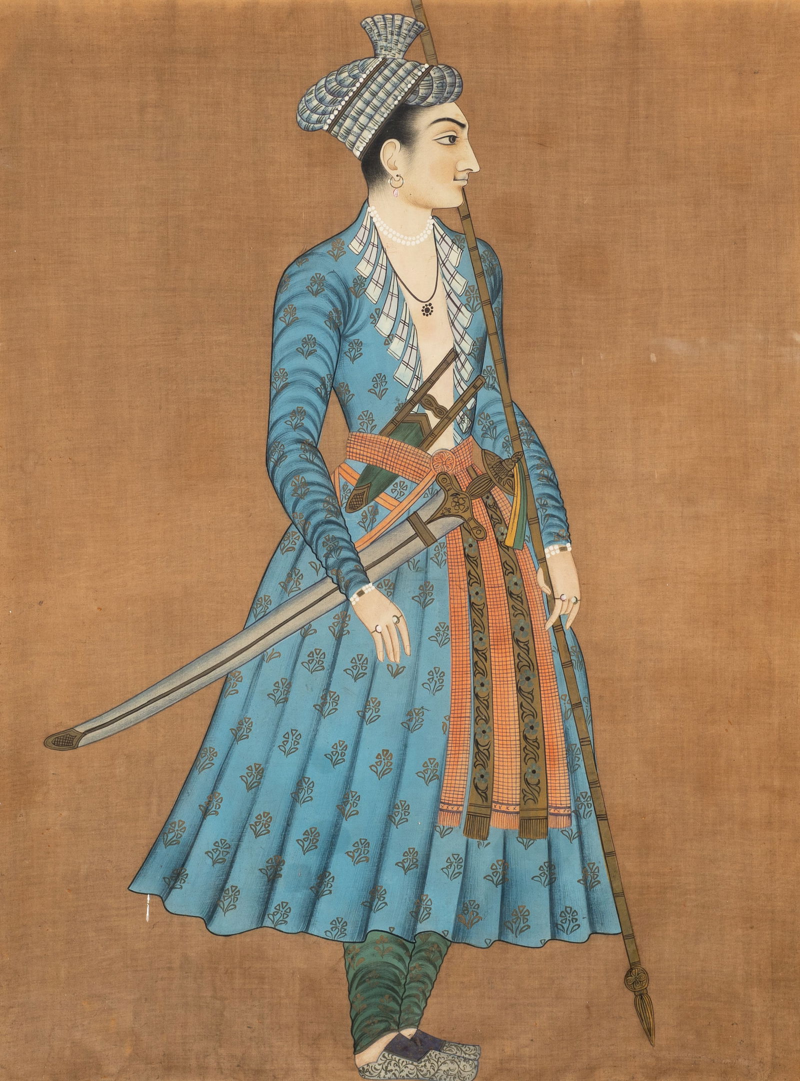 Portrait of Mughal Dignitary, Painting on Silk.: Artist(s): Unknown.Medium: Opaque watercolor on silk.Signature(s): Unsigned.Paperwork: N/ADamage: A few pulled threads and dents. White paint splatter to the bottom of his jacket. Cracked decorations