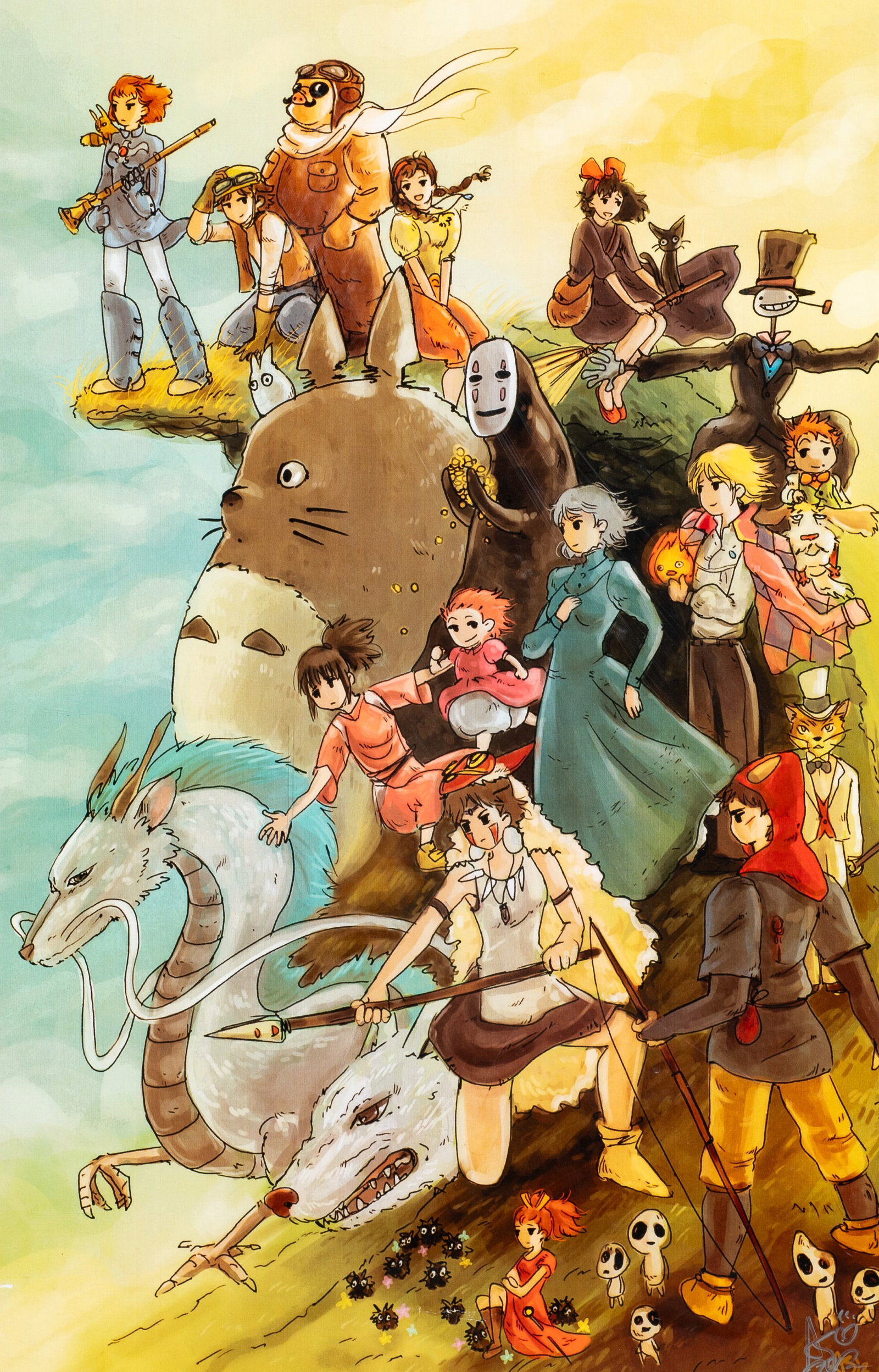 Framed Studio Ghibli Anime Fan Art, Signed.: Artist(s): Unknown. Medium: Digital print on paper. Signature(s): Signed both in marker and in-print, lower right. Paperwork: N/A Damage: Scattered creases and a small tear (lower left). Measurement(s